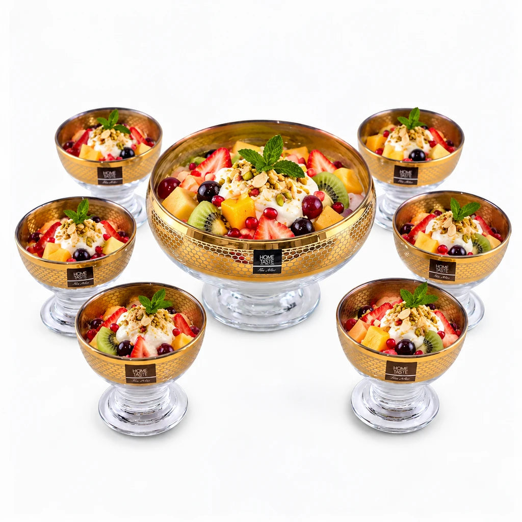 Home Table Golden Checkered Glass Dessert Set, 7 Pieces