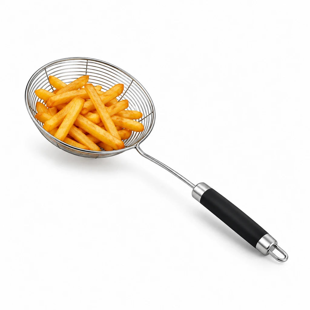 Shengya Stainless Steel Wire Fry Skimmer With Black Silicone Handle - 15, 17 & 19 cm