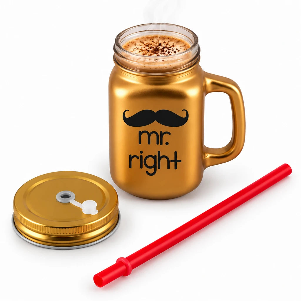 Kleeyo Golden Mr. Right Glass Drinking Mason Jar, 450 ml