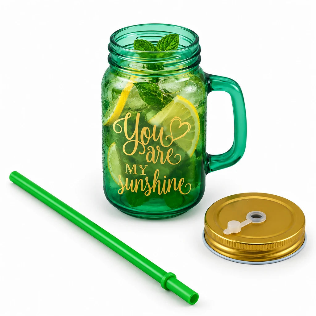 Kleeyo Green My Sunshine Glass Drinking Mason Jar, 450 ml