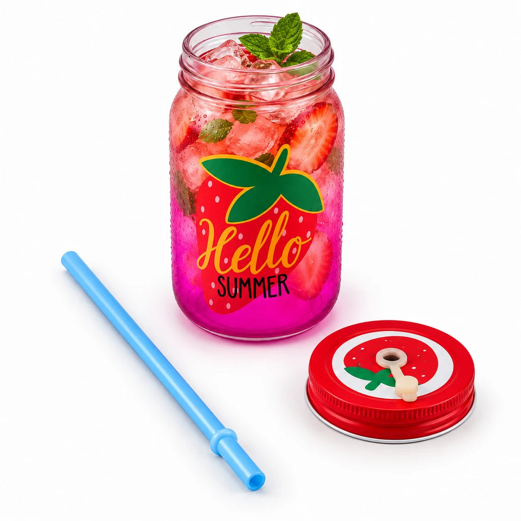 Kleeyo Pink Hello Summer Glass Drinking Mason Jar, 450 ml
