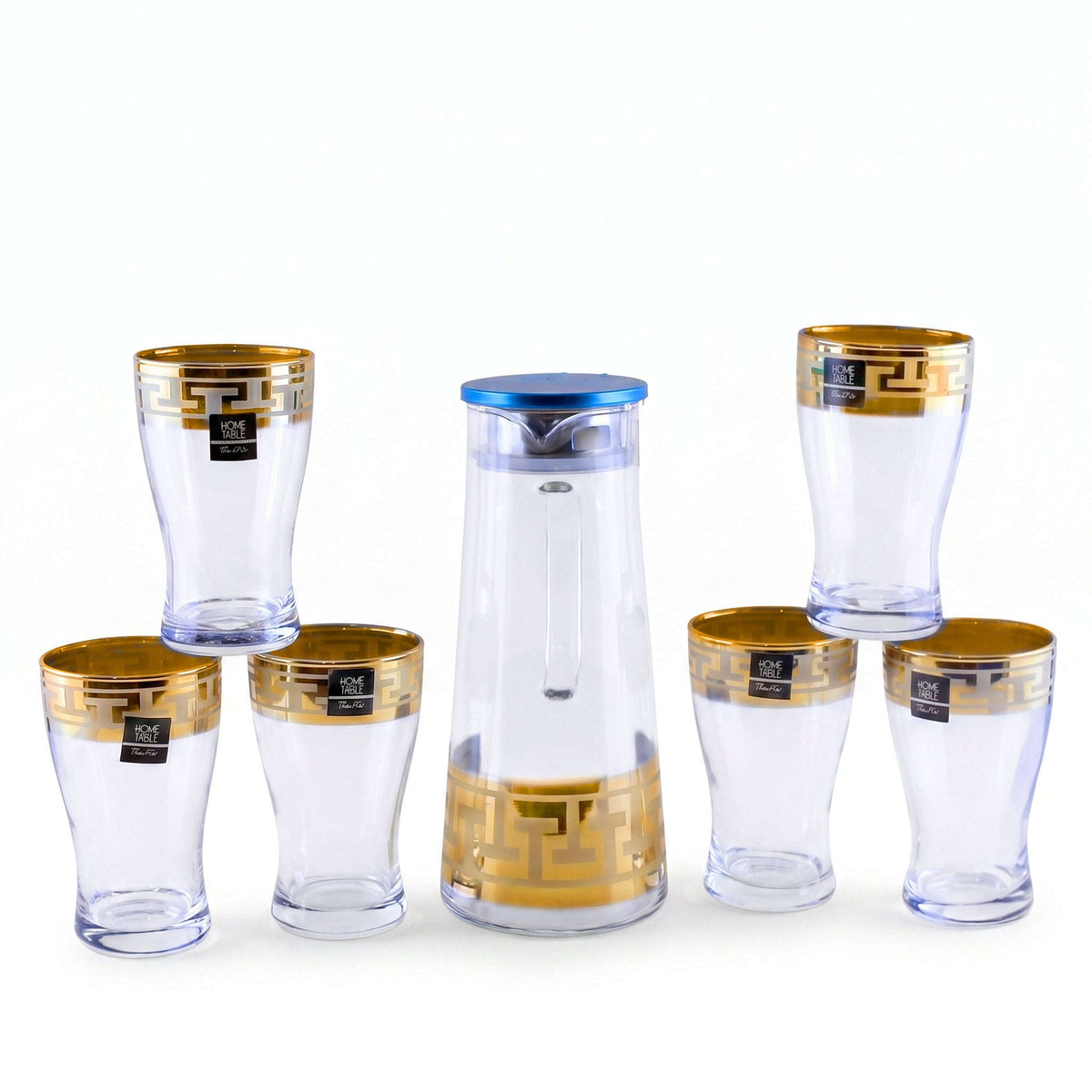 Home Table 7-Piece Gold Rim Water Glass and Jug With Blue Lid Sets Kaka Bawa Sons