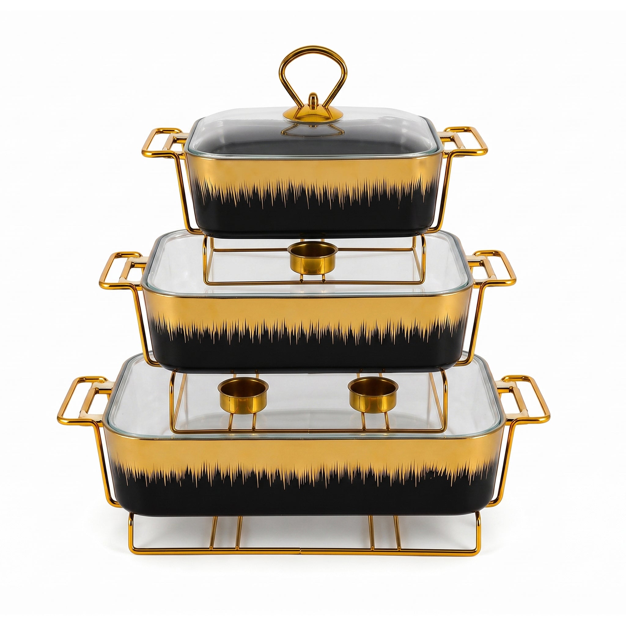 S/W Ceramic Rectangular Food Warmer Sets With Glass Lids AND Golden Metallic Stands
