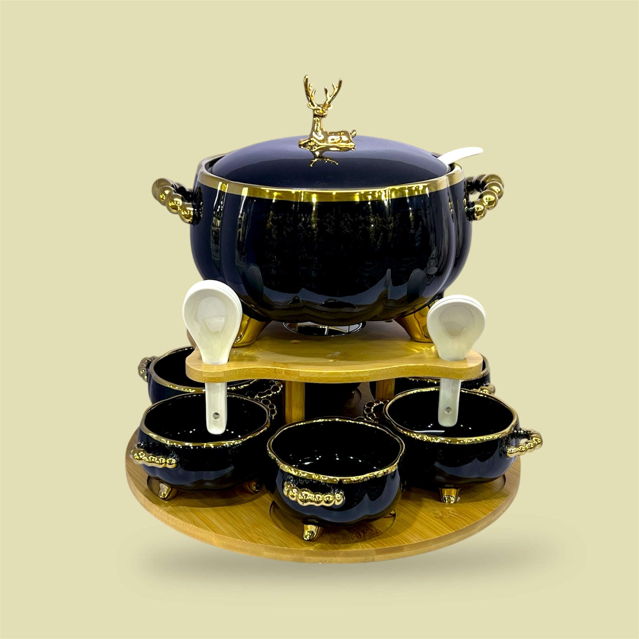 16-Piece Royale Soup Set With Wooden Stand Black and Golden Kaka Bawa Sons
