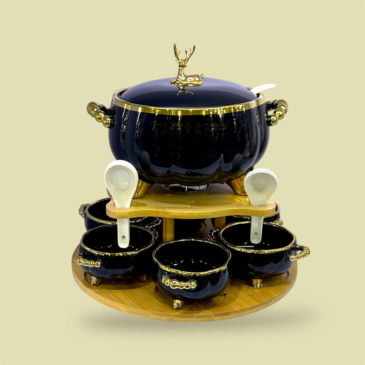 16-Piece Royale Soup Set With Wooden Stand Black and Golden Kaka Bawa Sons