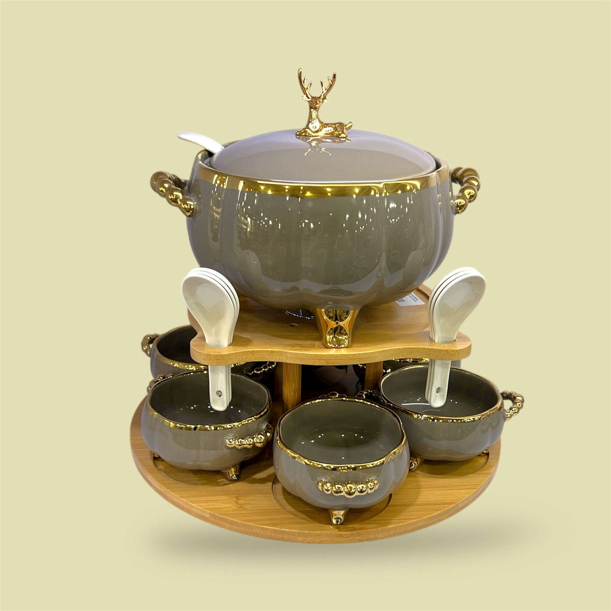 16-Piece Royale Soup Set With Wooden Stand Brown and Golden Kaka Bawa Sons