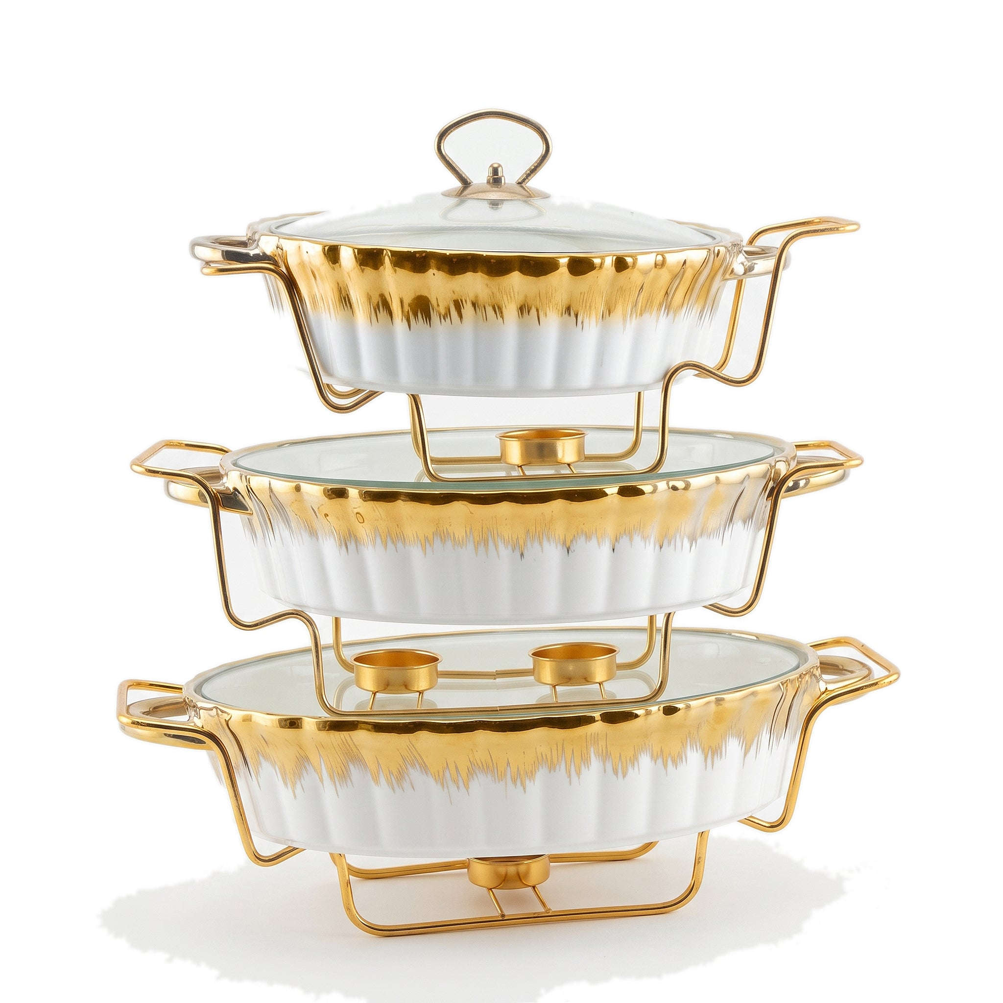 S/W Ceramic Oval Food Warmer Set With Glass Lid And Golden Metallic Stands Kaka Bawa Sons