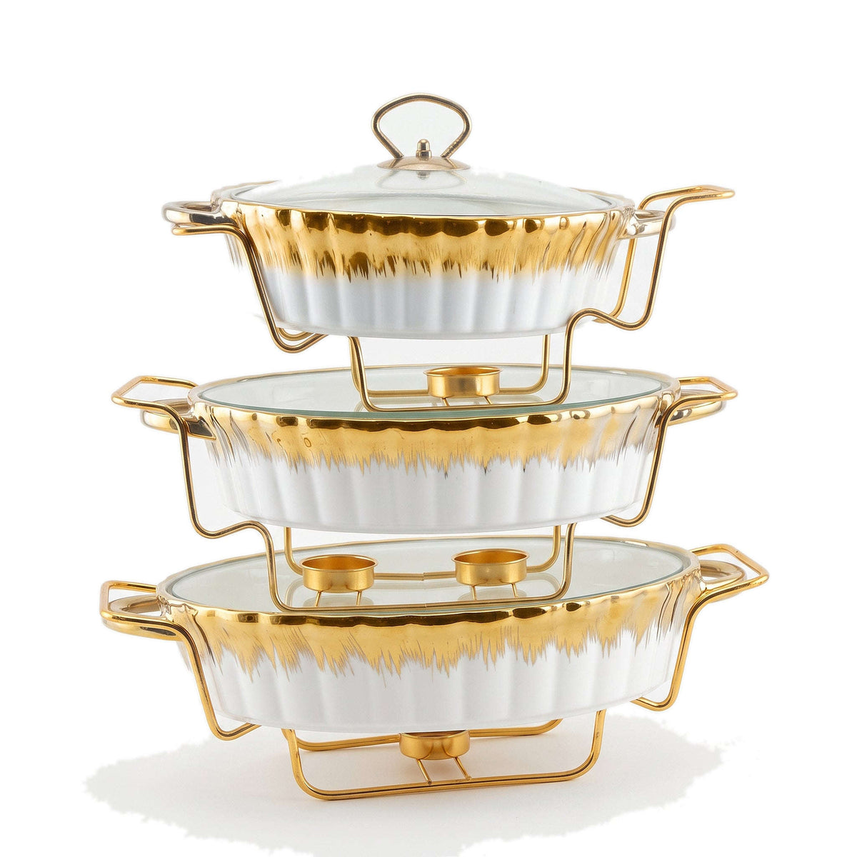 S/W Ceramic Oval Food Warmer Set With Glass Lid And Golden Metallic Stands Kaka Bawa Sons