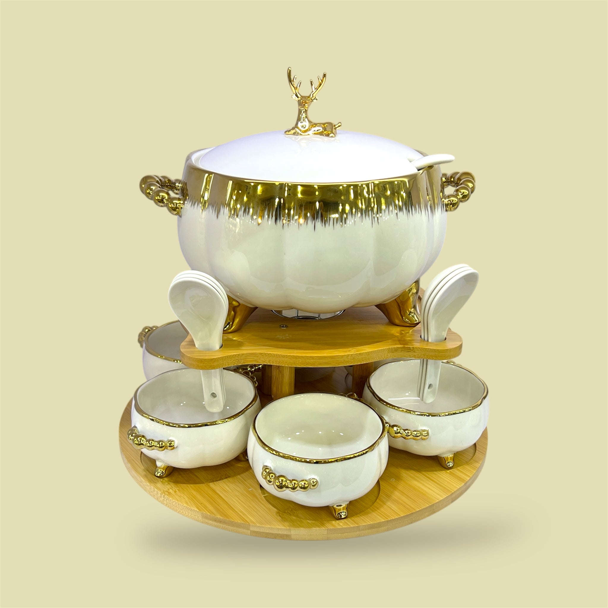 16-Piece Royale Soup Set With Wooden Stand White and Golden Kaka Bawa Sons