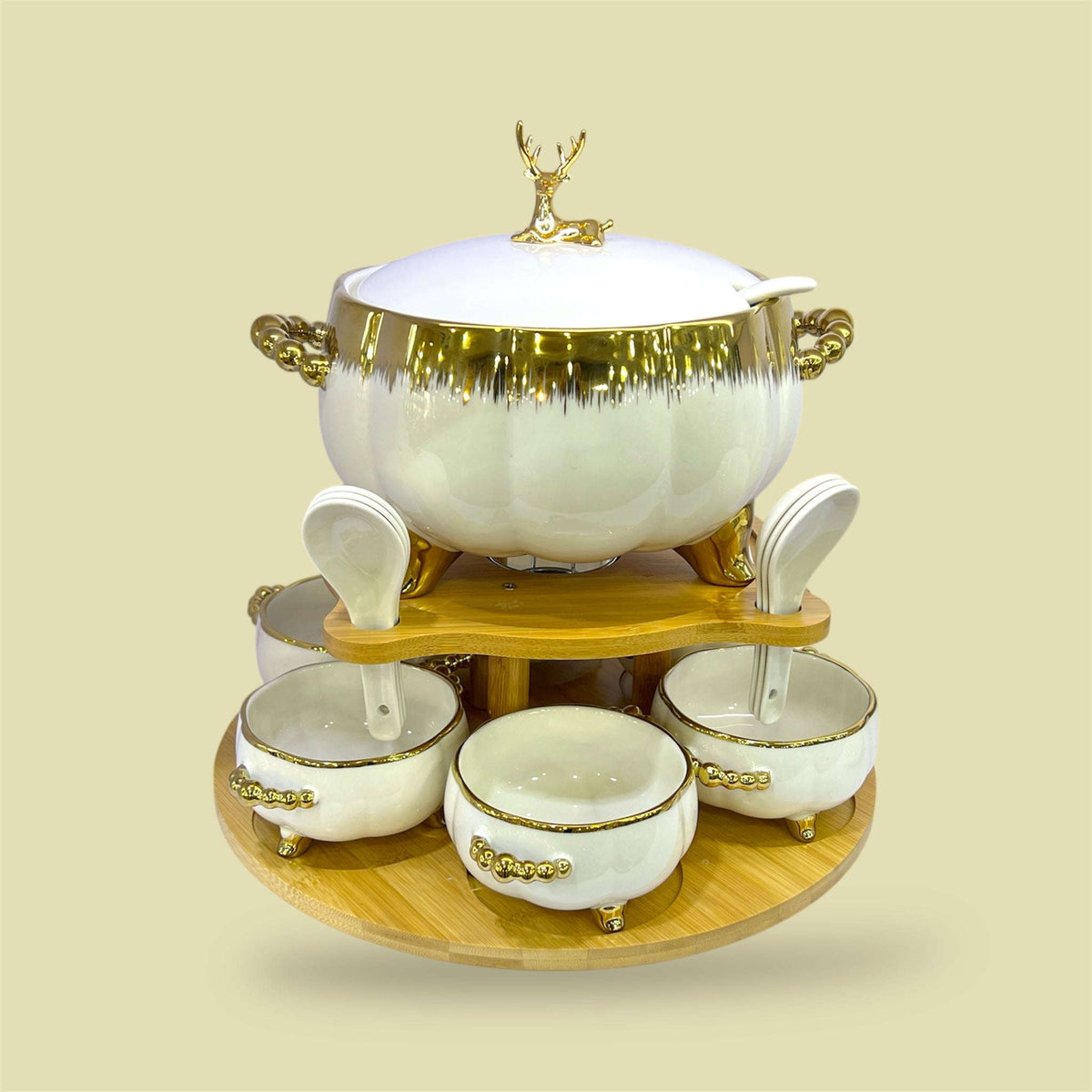 16-Piece Royale Soup Set With Wooden Stand White and Golden Kaka Bawa Sons