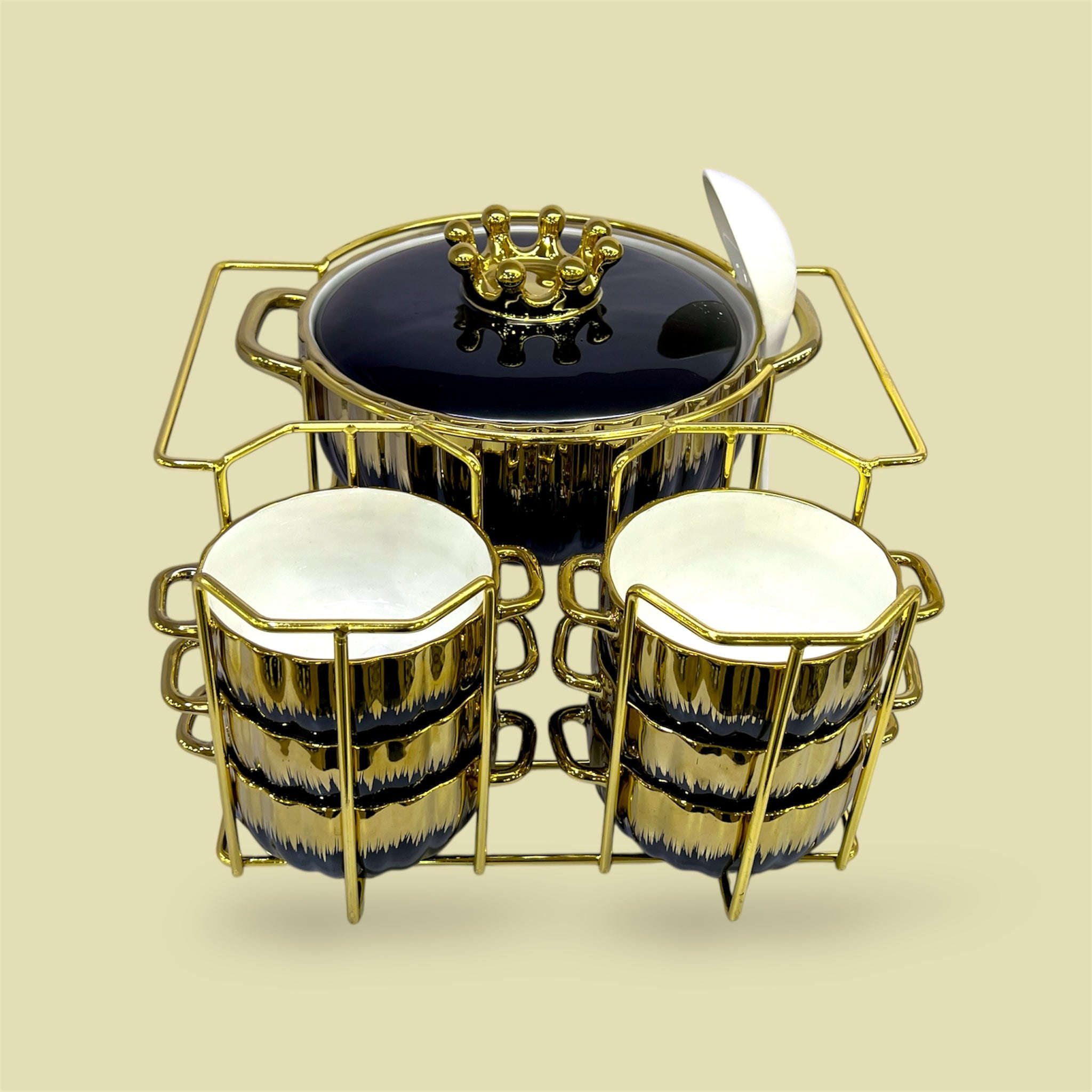 16-Piece Royale Soup Set With Stand Black With Golden Kaka Bawa Sons