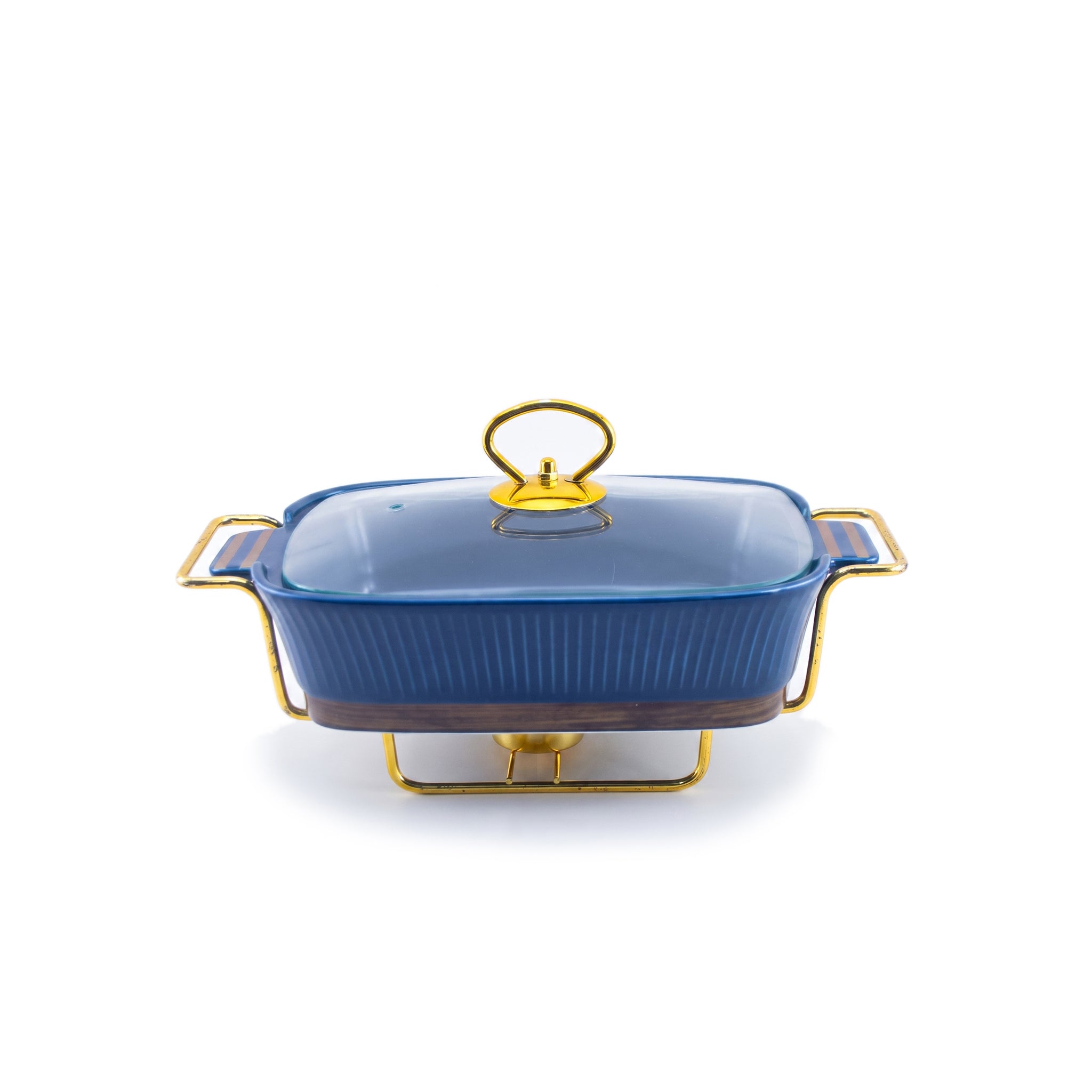 UK Parliament Rectangular Ceramic Food Warmers With Glass Lid AND Golden Metallic Stand