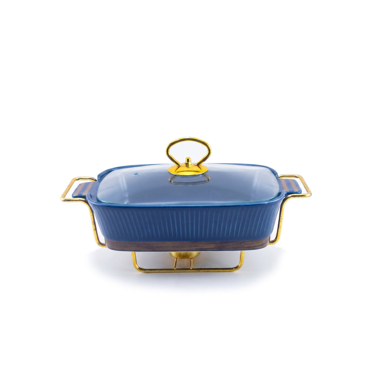 UK Parliament Rectangular Ceramic Food Warmers With Glass Lid AND Golden Metallic Stand Kaka Bawa Sons
