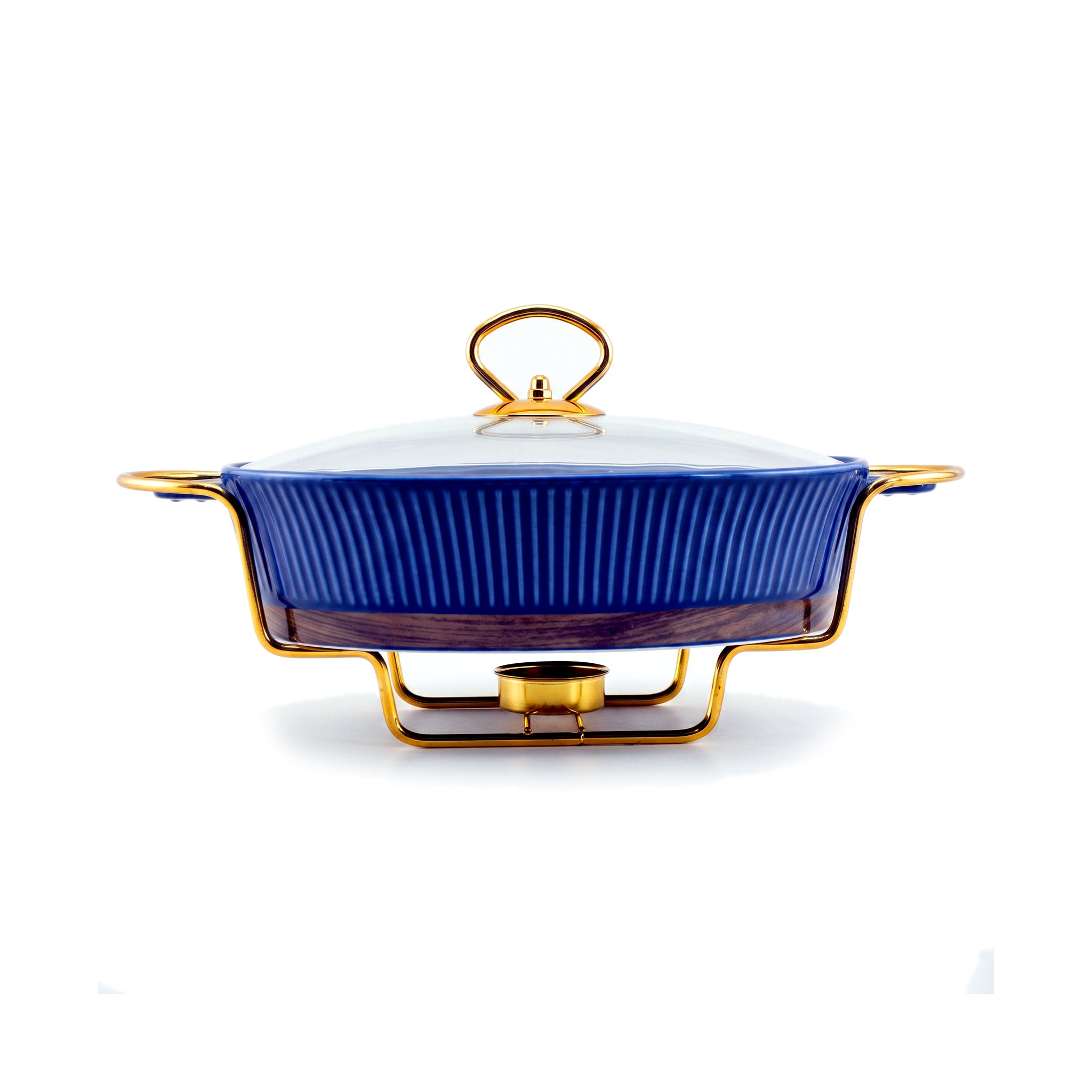 UK Parliament Ceramic Oval Food Warmers With Glass Lid AND Golden Metallic Stand