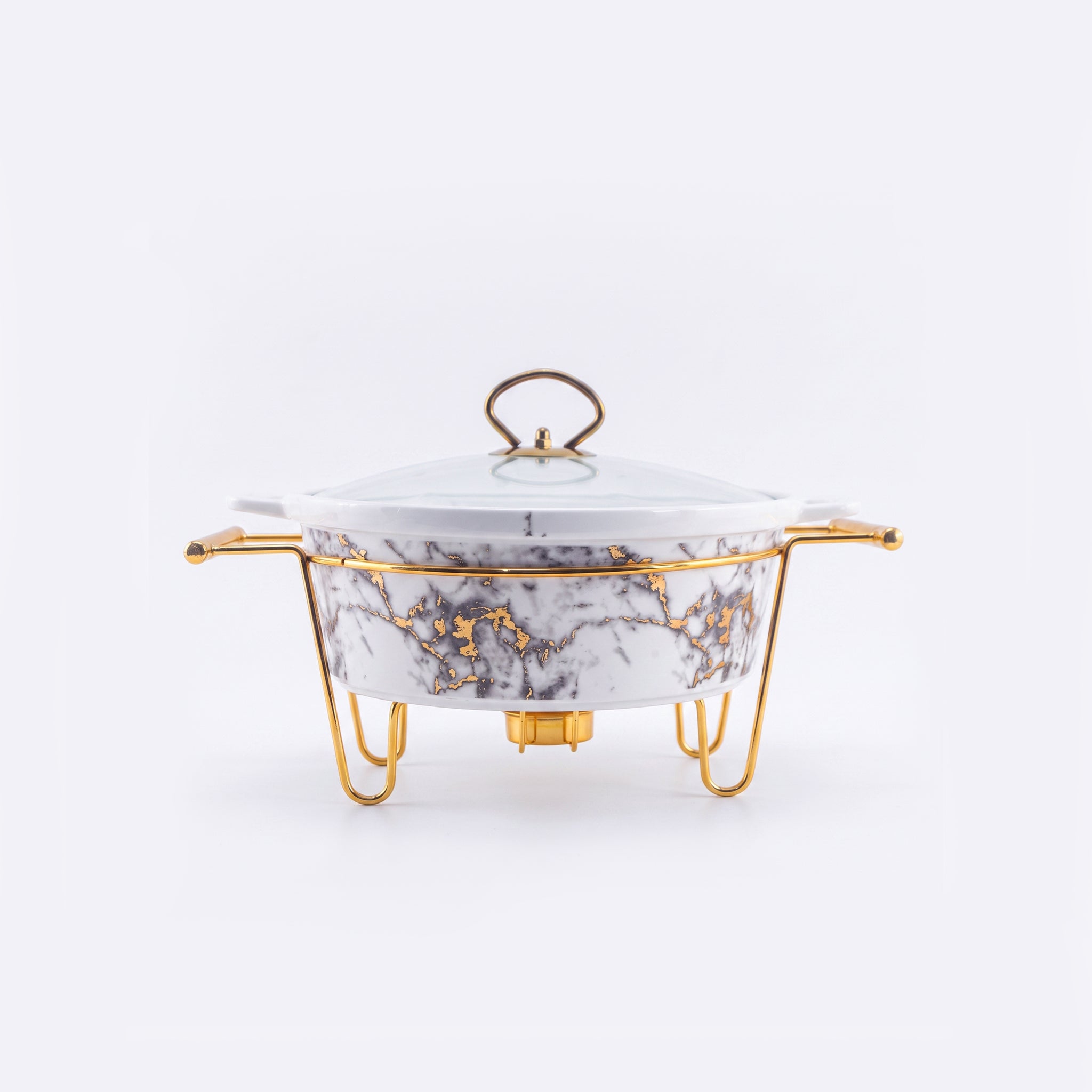 S/W Ceramic Imperial White Warmer Casserole With Glass Lid AND Golden Metallic Stand