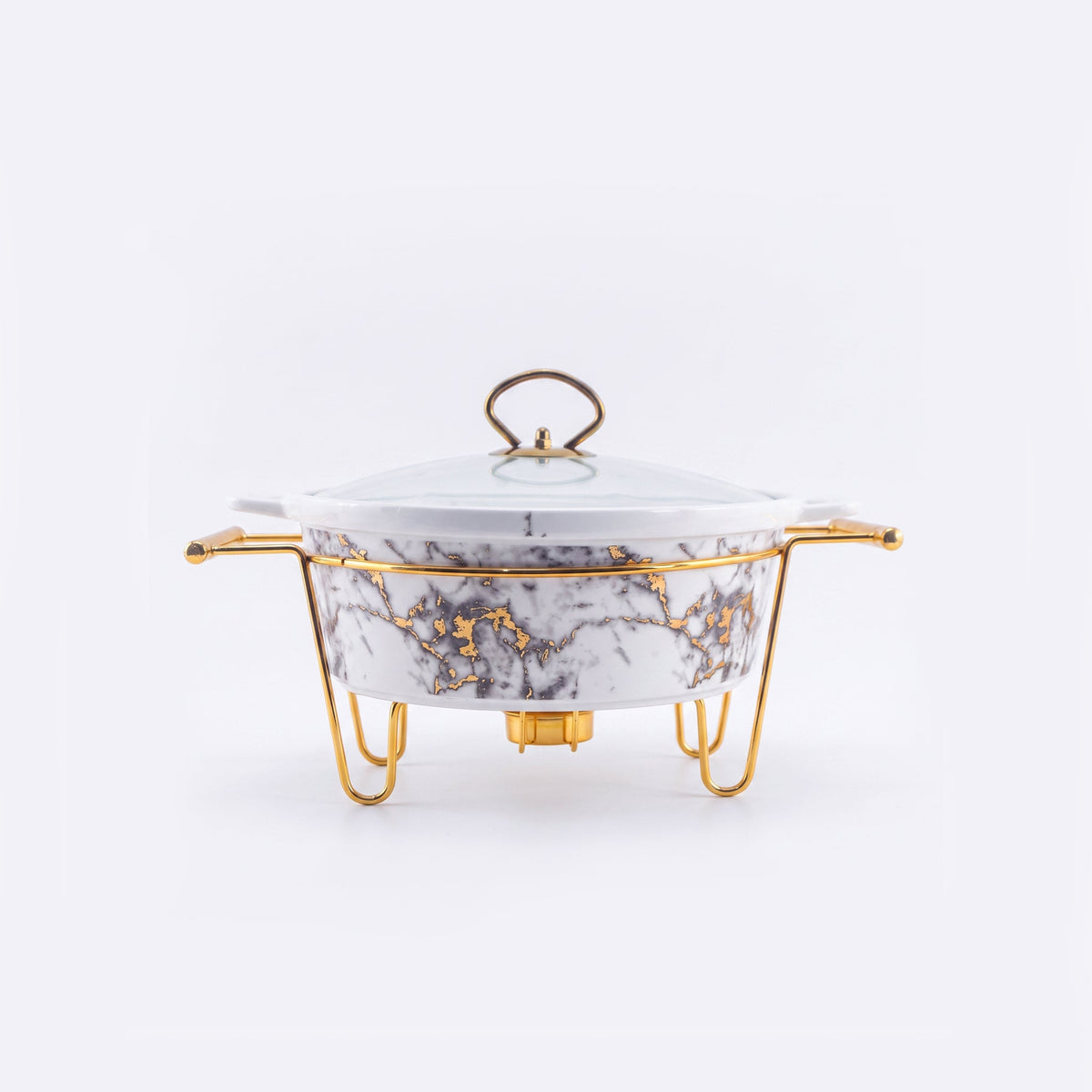 S/W Ceramic Imperial White Warmer Casserole With Glass Lid AND Golden Metallic Stand Kaka Bawa Sons