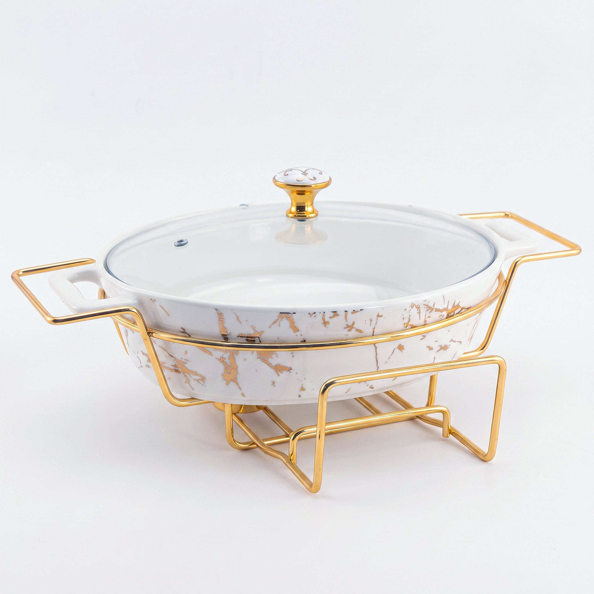 Brilliant 13.5-Inches Oval Ceramic Imperial White Casserole With Glass Lid AND Golden Metallic Stand Kaka Bawa Sons