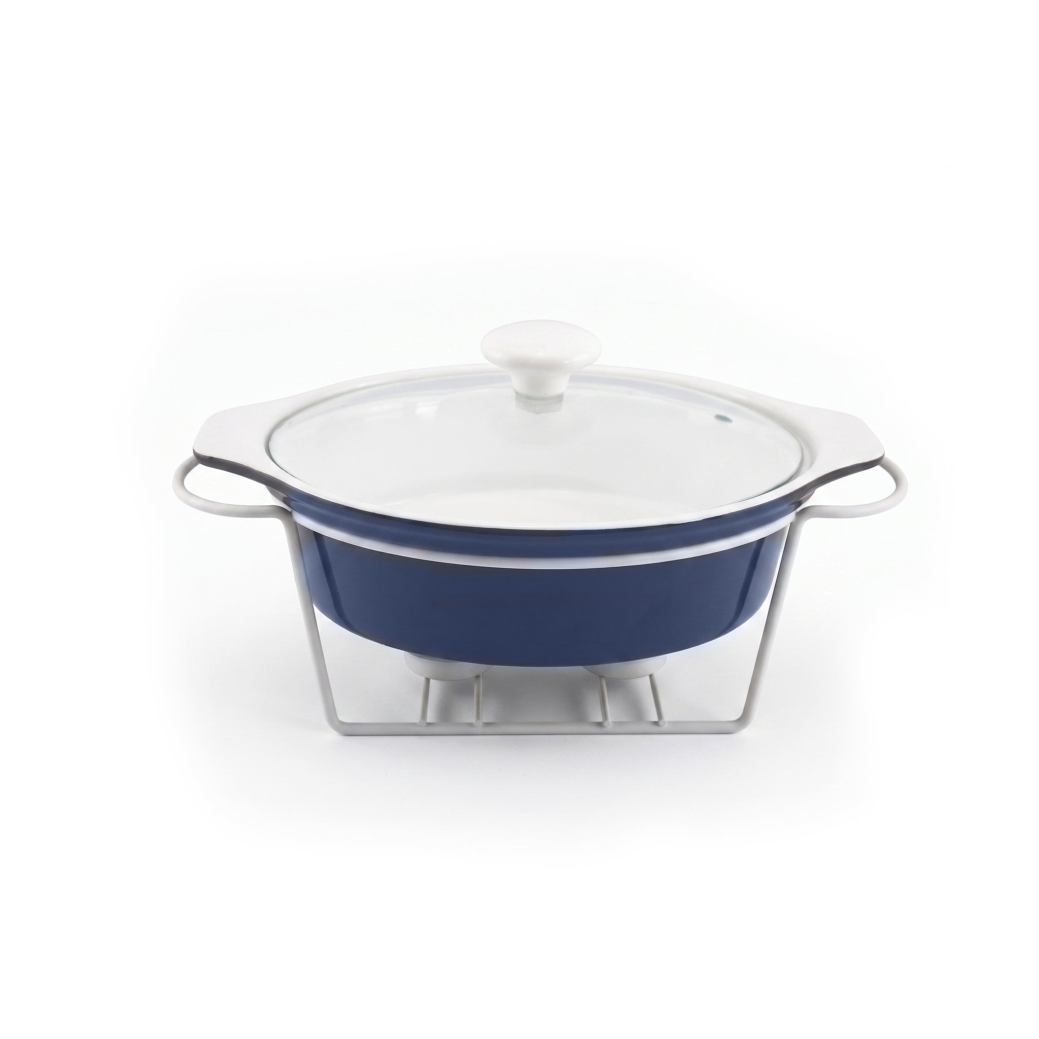 Brilliant Ceramic Oval Blue Plain Casseroles With Glass Lid AND White Metallic Stand Kaka Bawa Sons