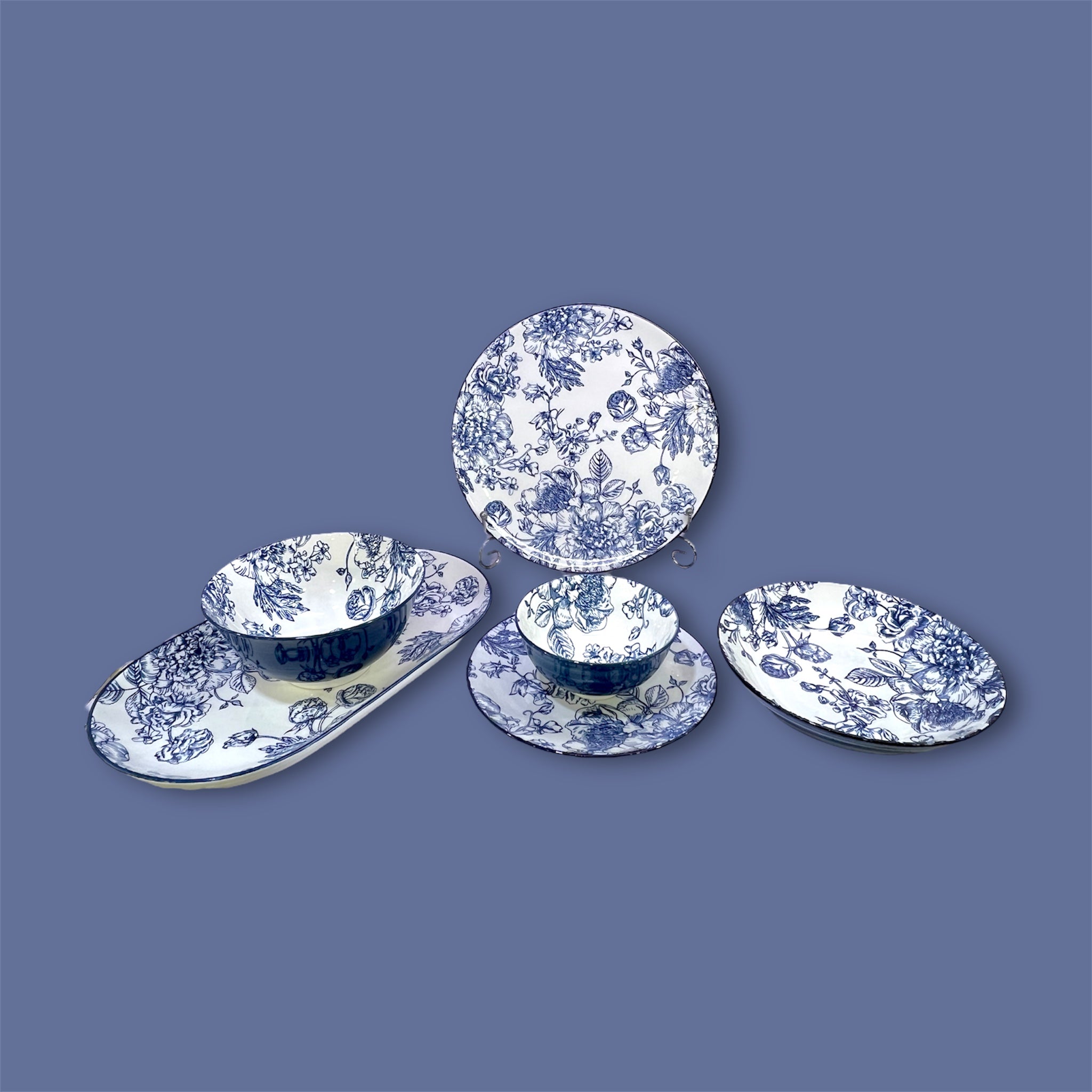 26-Piece Blue Floral Design Dinner Set