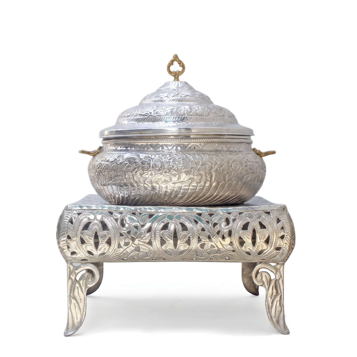G.N 5-Liter, 4-Person Hand-Crafted Round Silver Brass Food Warmer With Stand AND Stainless Steel Pot Kaka Bawa Sons