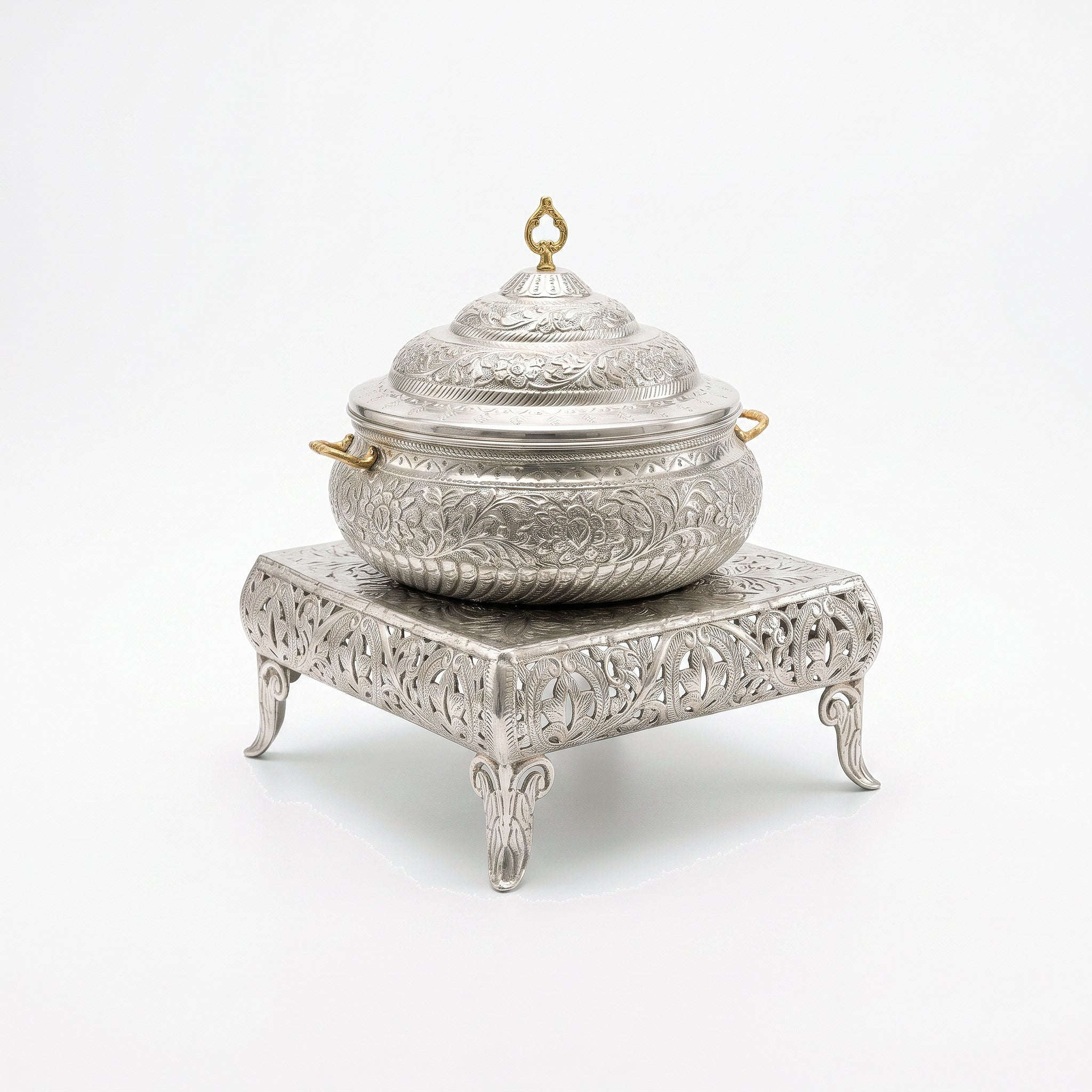 G.N 5-Liter, 4-Person Hand-Crafted Round Silver Brass Food Warmer With Stand AND Stainless Steel Pot Kaka Bawa Sons