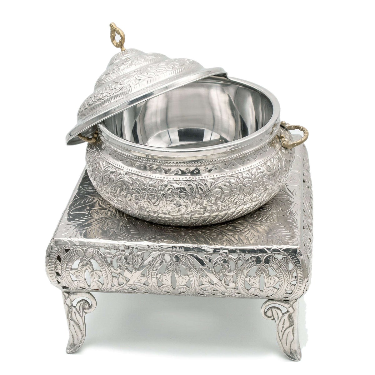 G.N 5-Liter, 4-Person Hand-Crafted Round Silver Brass Food Warmer With Stand AND Stainless Steel Pot Kaka Bawa Sons