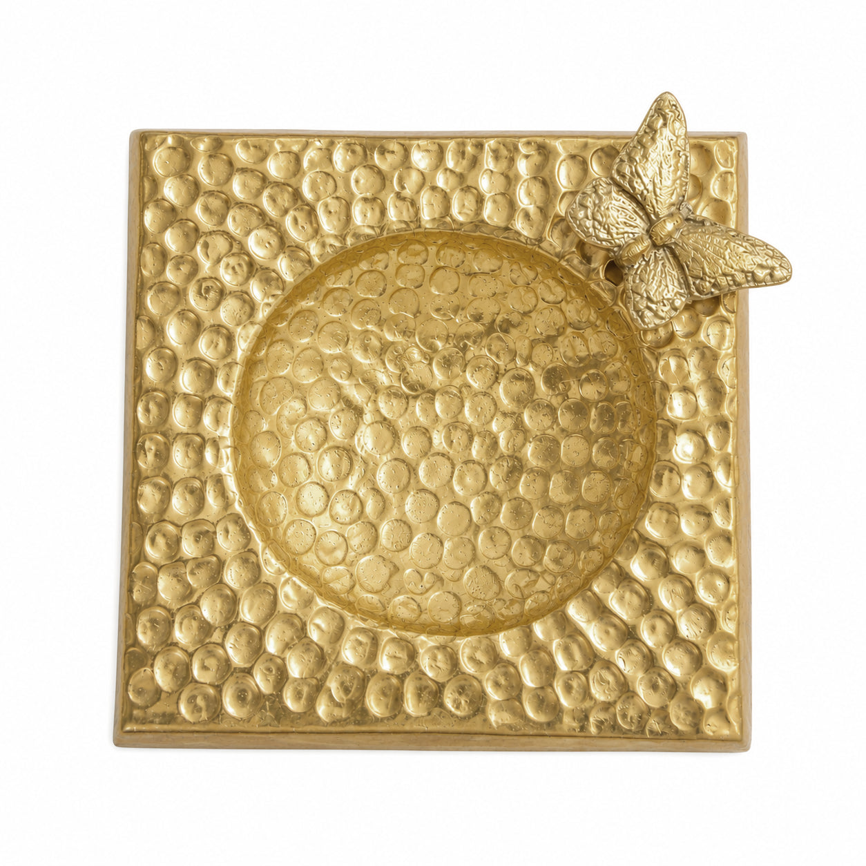 G.N 5*5 Inches Square Hammered Golden Brass Butterfly Design Spoon Rest