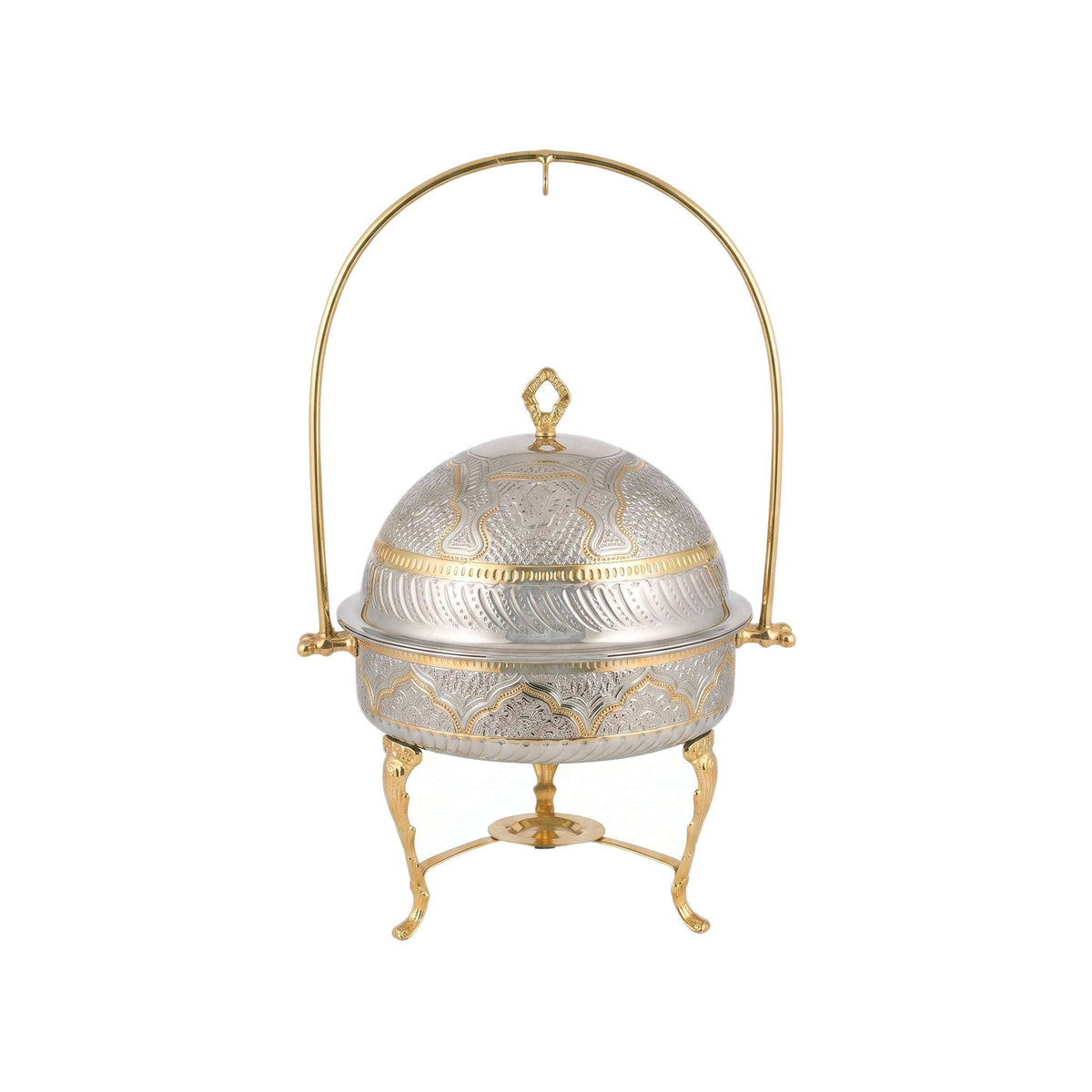 G.N 4-Liters, 4-person Round Hand-Crafted Round Brass Lift-Top Chafing Dishes With Golden Stand Kaka Bawa Sons