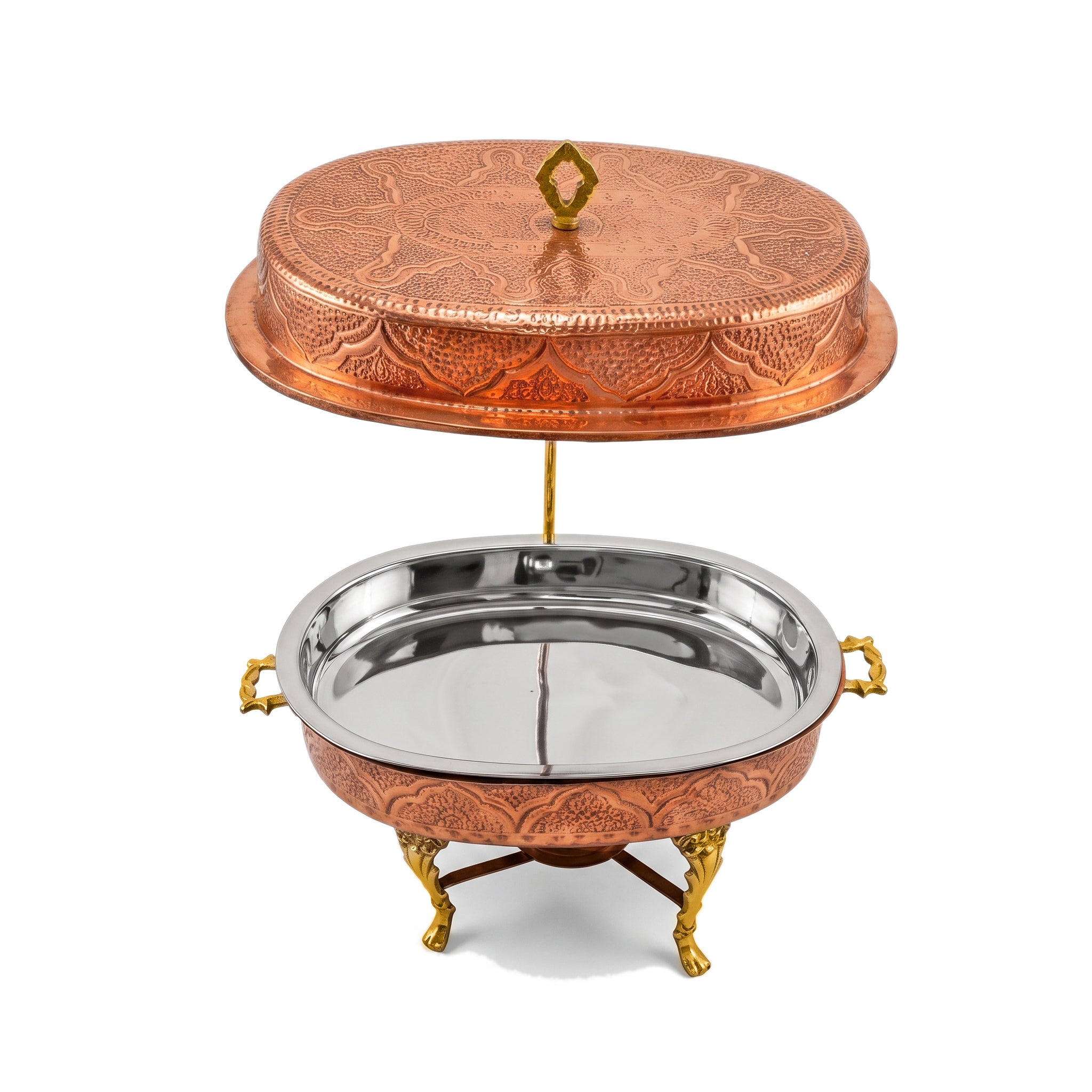 G.N 5-Liter, 5-Person Oval Brass Lift-Top Chafing Dishes With Golden Stand