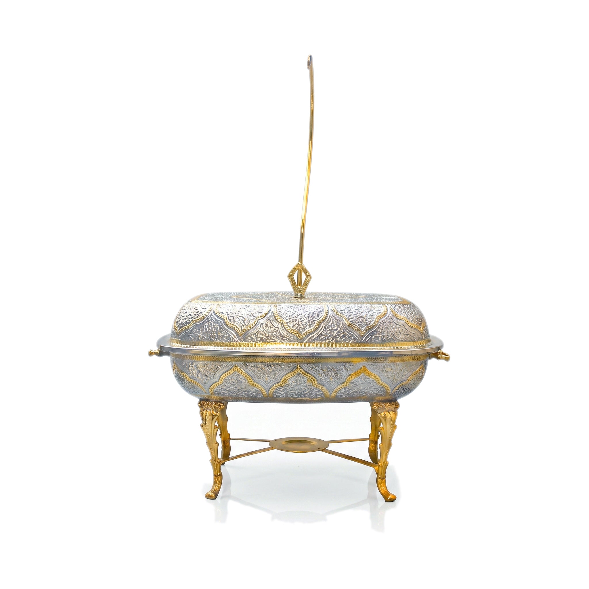 G.N 5-liter, 5-person Rectangular Silver Brass Chafing Dish With Golden Design AND Golden Stand