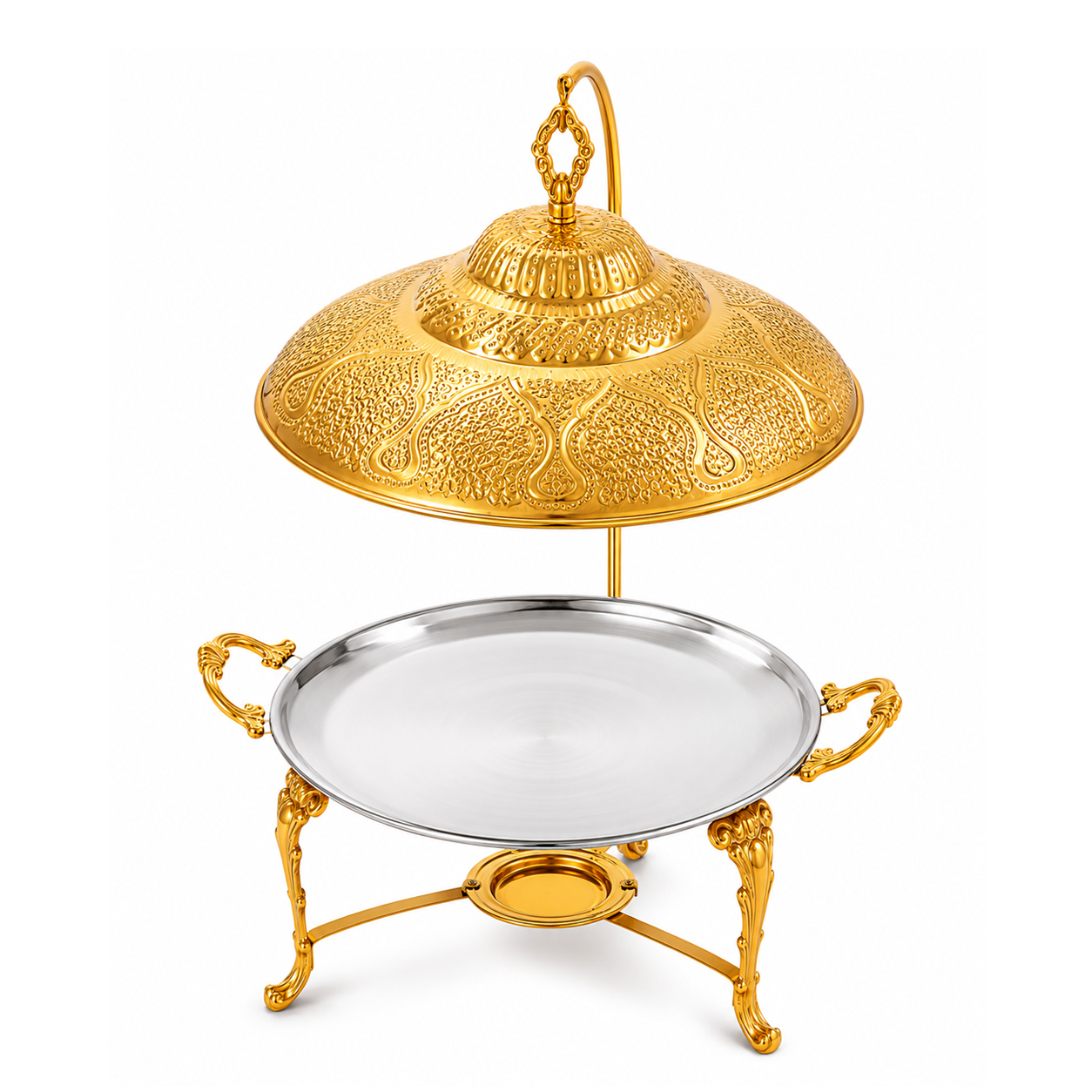 G.N 14-Inches, 3-Person Round Brass Top-Lid Barbeque Platter With Golden Stand