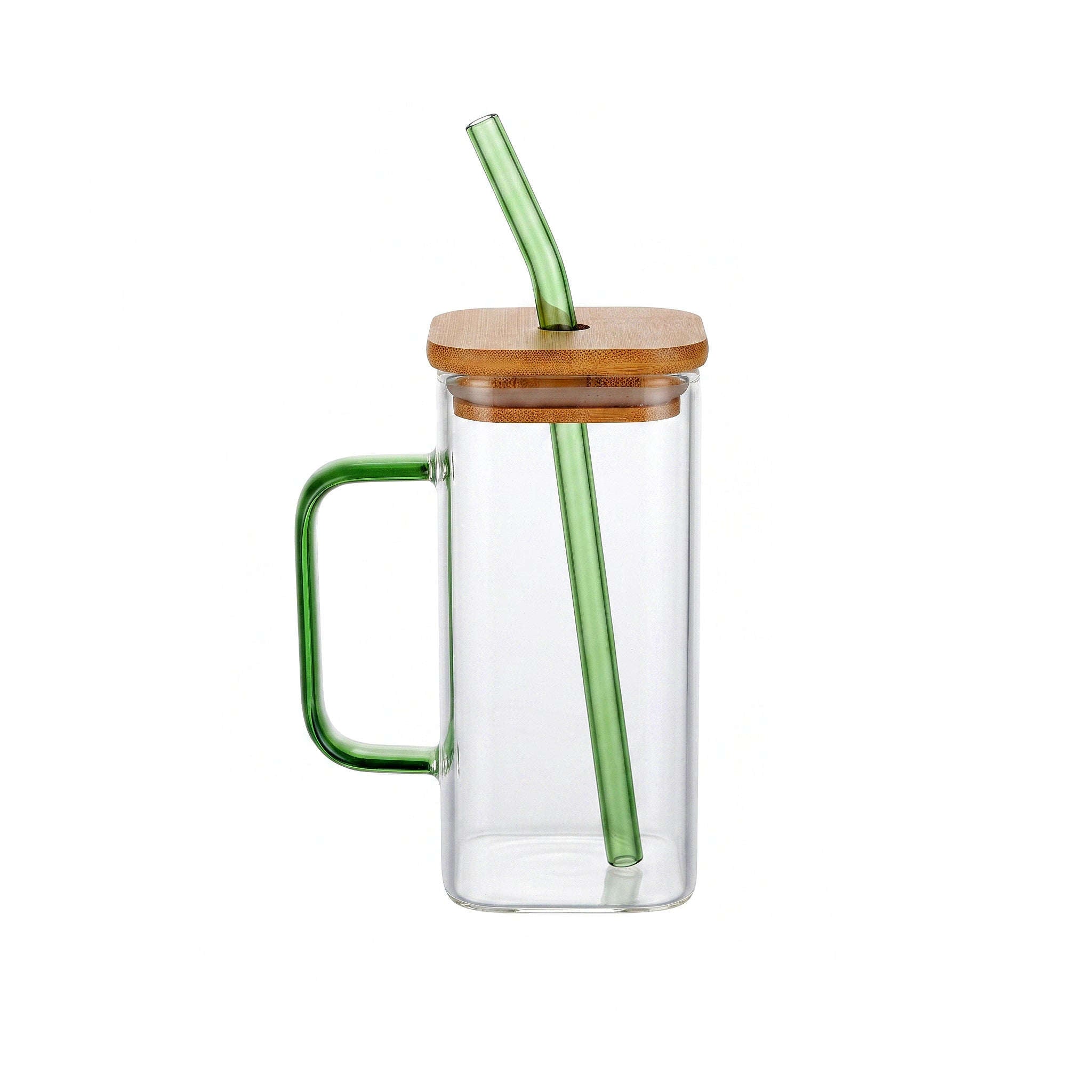 Dalahas 350 ML Square Wood-Lid Borosilicate Glass Mug With Green Straw Kaka Bawa Sons