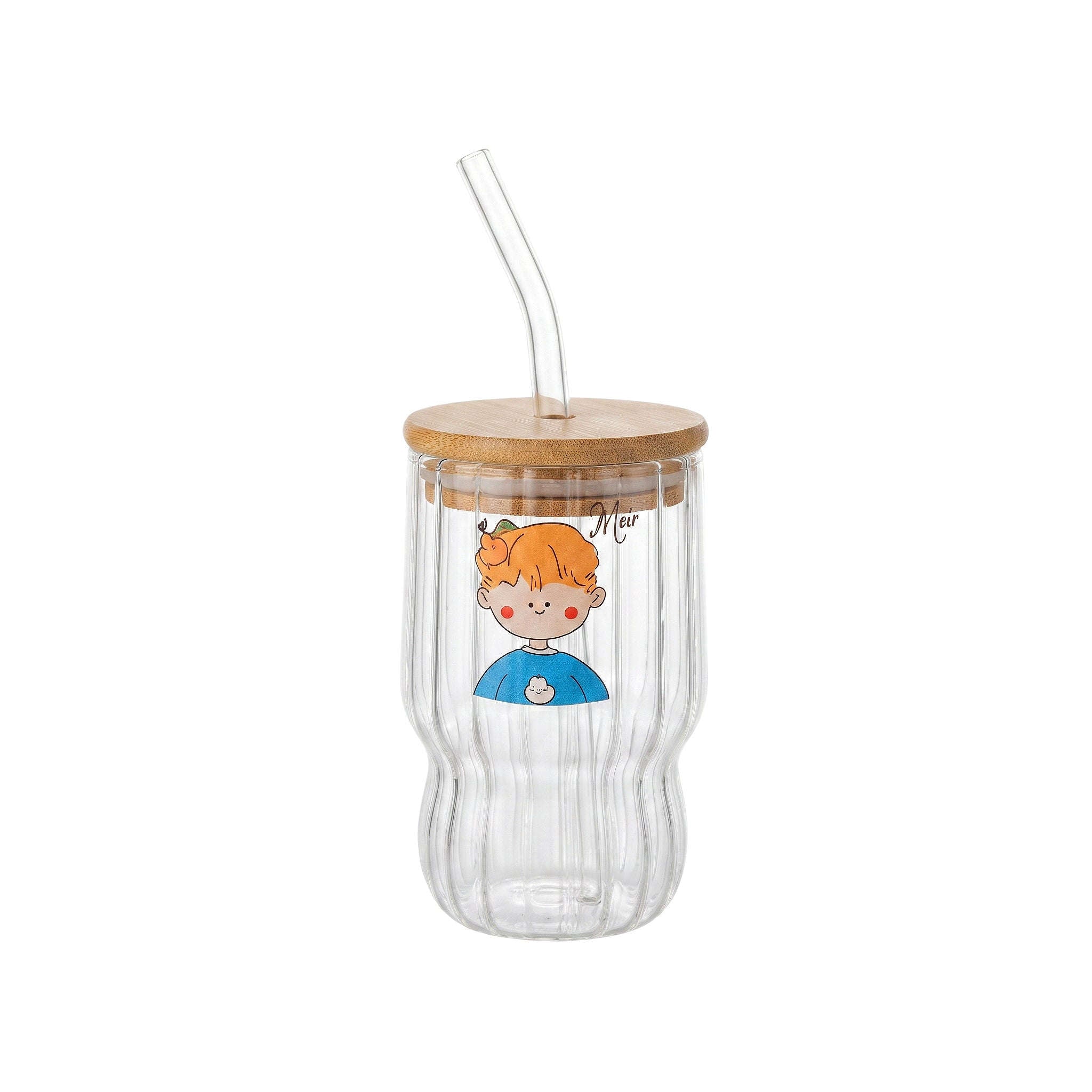D.W.M 450 ML Cute Boy Ribbed Glass Mason Jar With Bamboo Lid AND Straw Kaka Bawa Sons