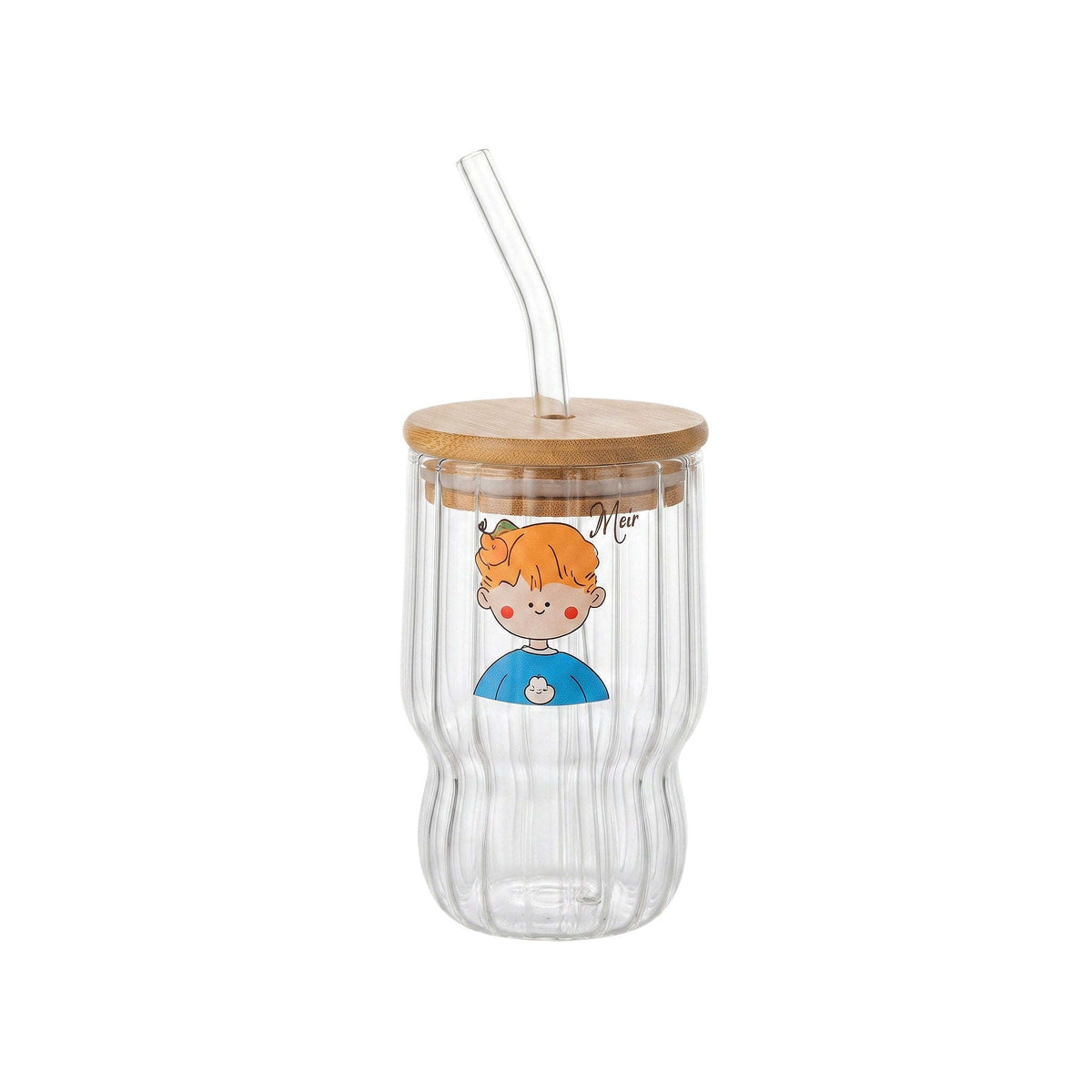 D.W.M 450 ML Cute Boy Ribbed Glass Mason Jar With Bamboo Lid AND Straw Kaka Bawa Sons
