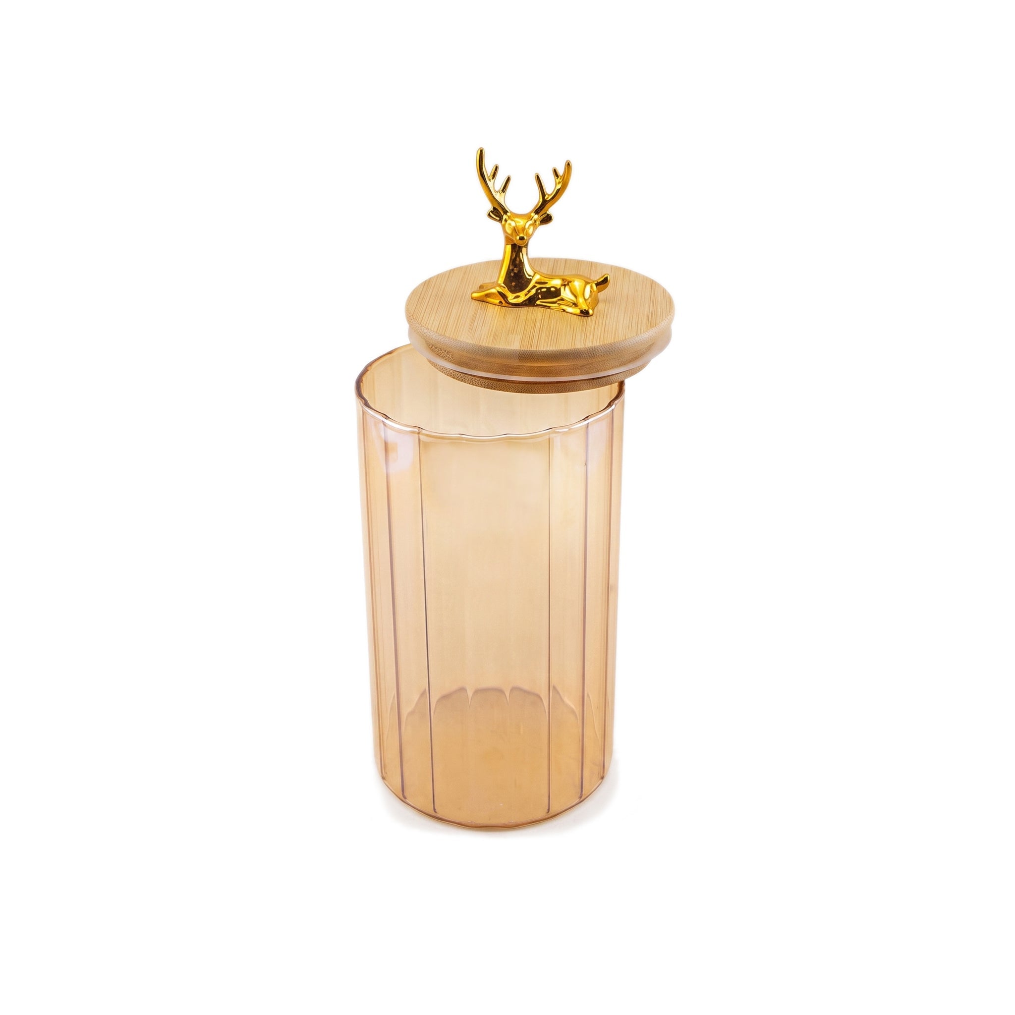S.G Amber Ribbed Wooden Lid AND Gold Deer Ornament on Lid Glass Jar Kaka Bawa Sons