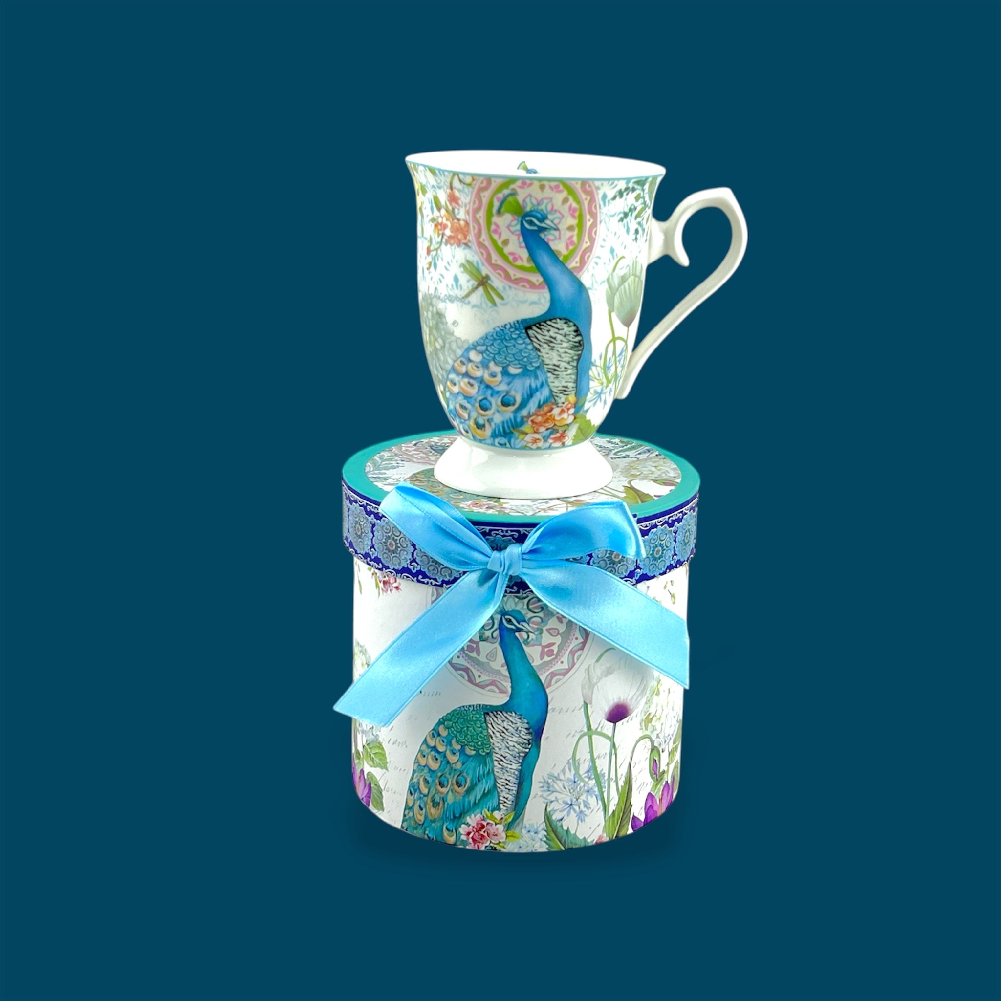 Porcelain 300ml Blue Peacock Design Mug with Gift Box