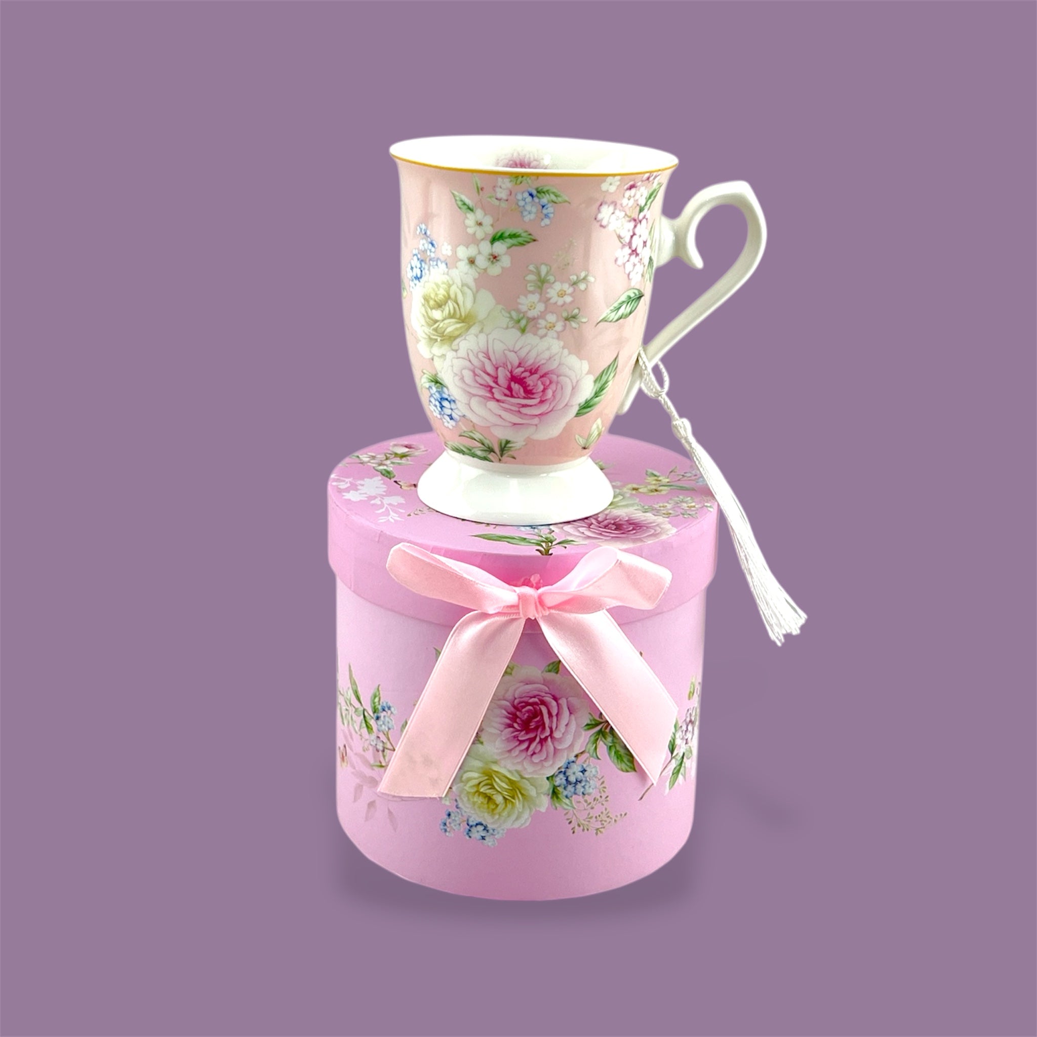 Porcelain 300ml Light Pink Flower Design Mug with Gift Box