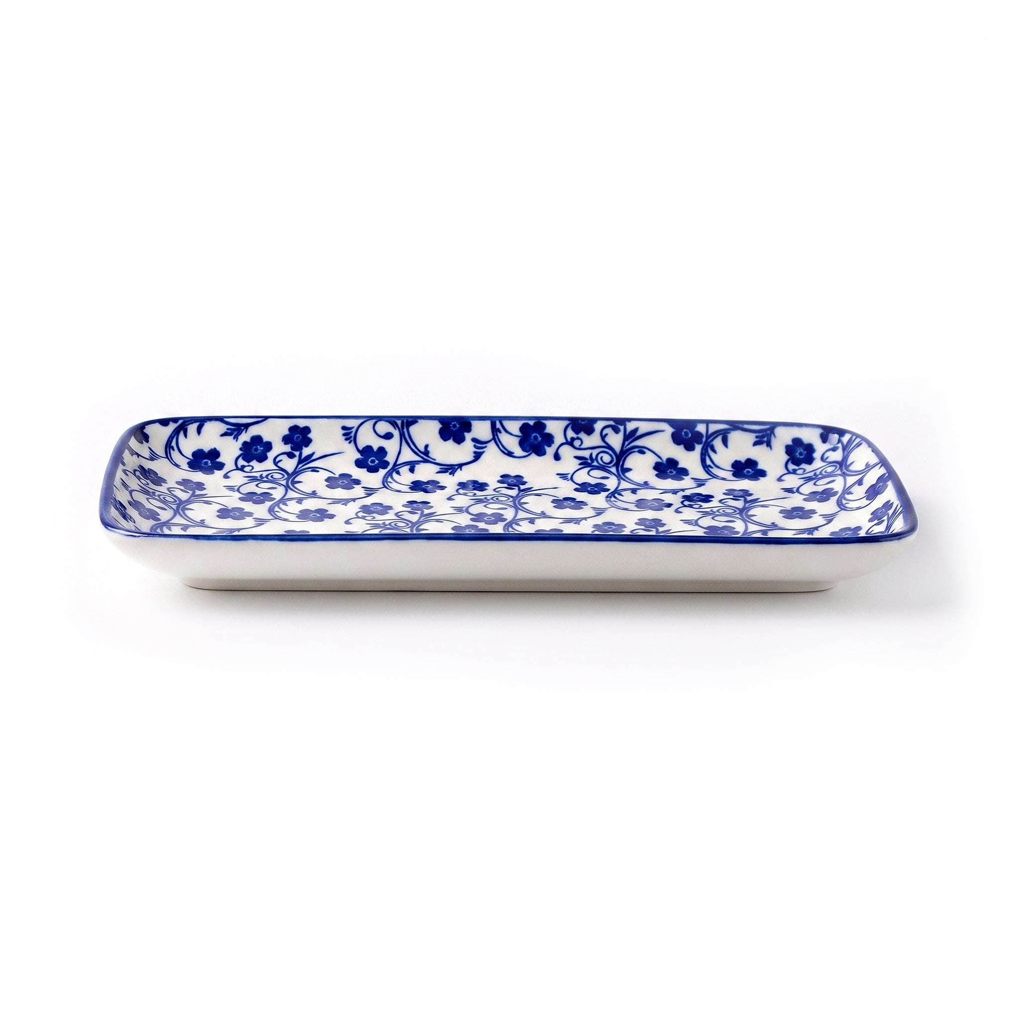 Gupan 8.5-Inches Rectangular Blue Floral Serving Tray Kaka Bawa Sons