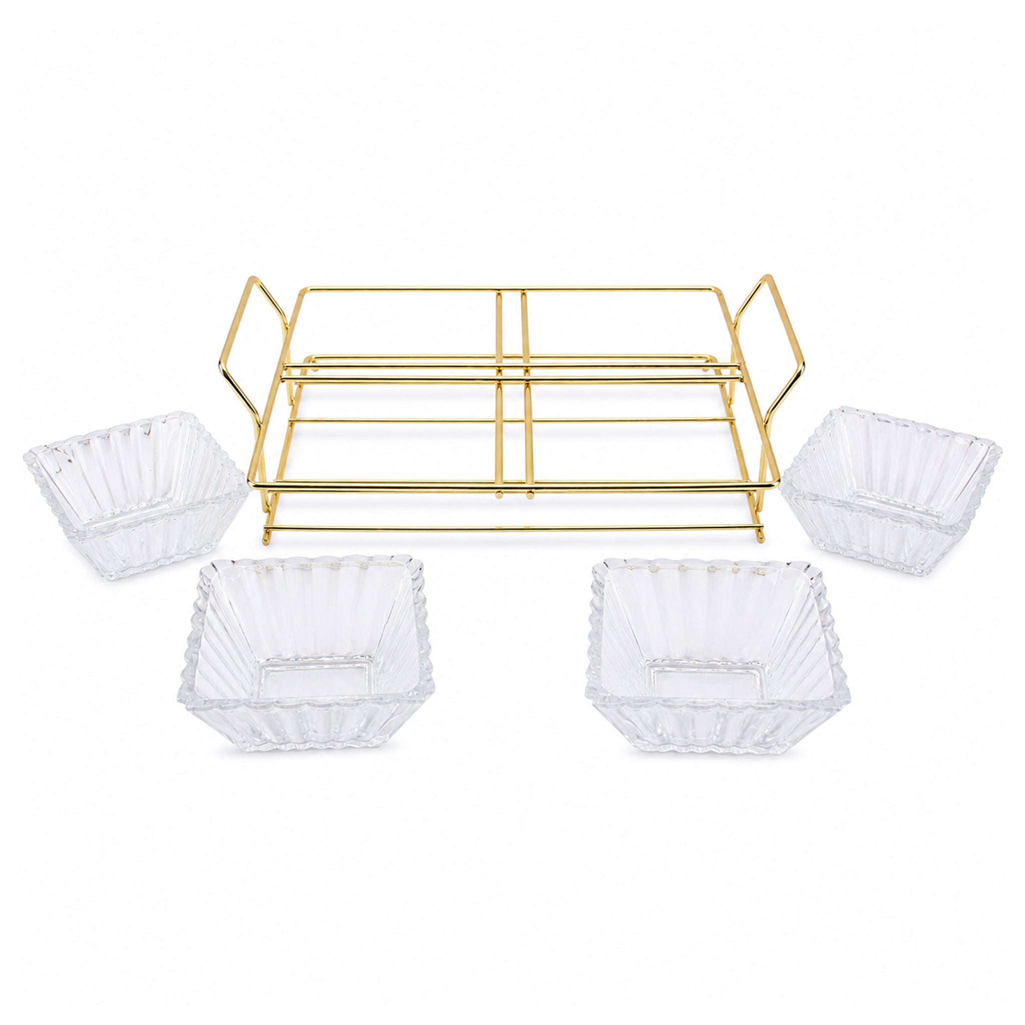 Danny Home 5-Piece Square Glass Serving Set With Golden Steel Stand Kaka Bawa Sons