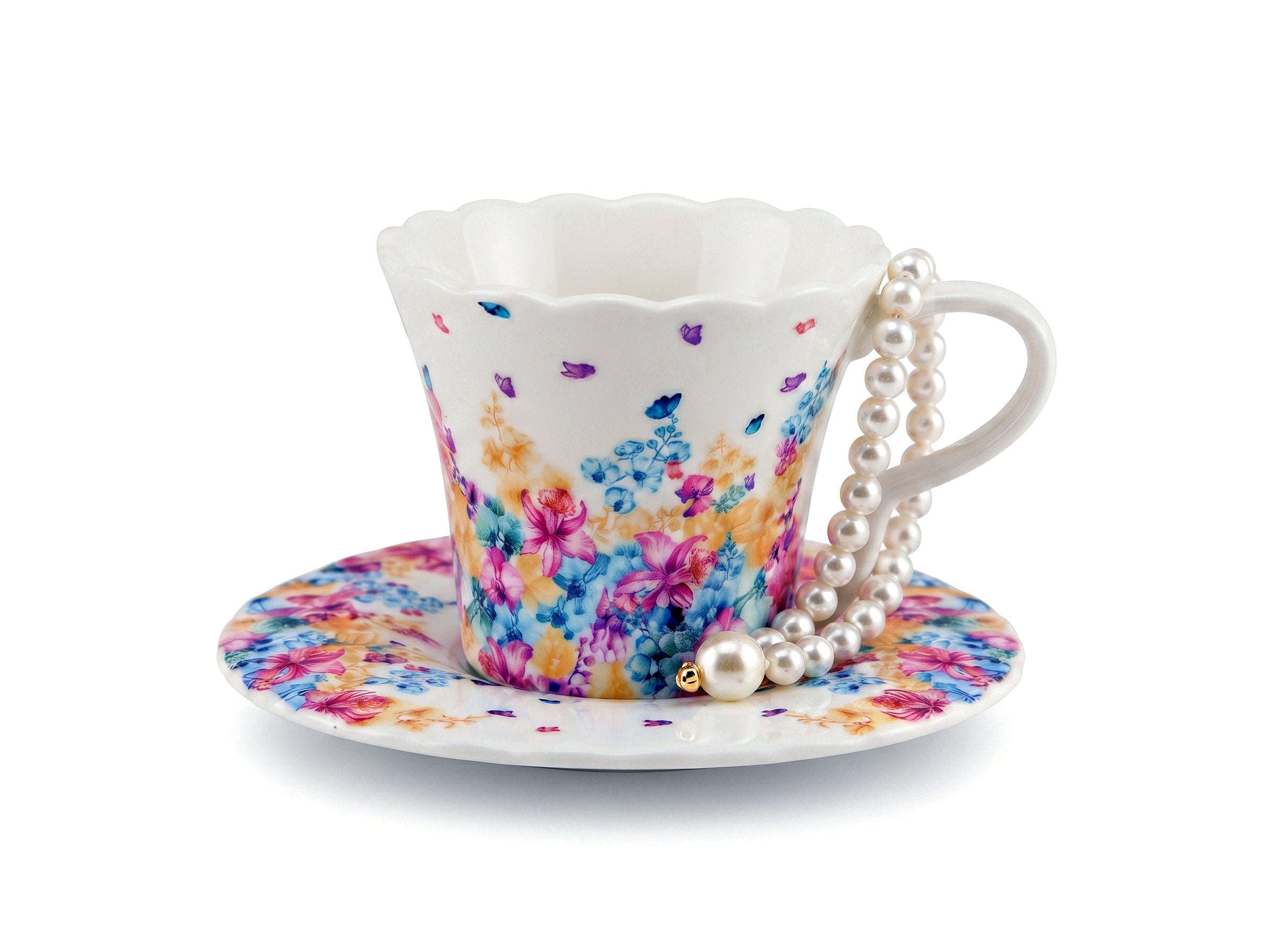 Danny Home 230 ML Floral Ceramic Cup and Saucer With Decorative Pearl Bracelet Kaka Bawa Sons