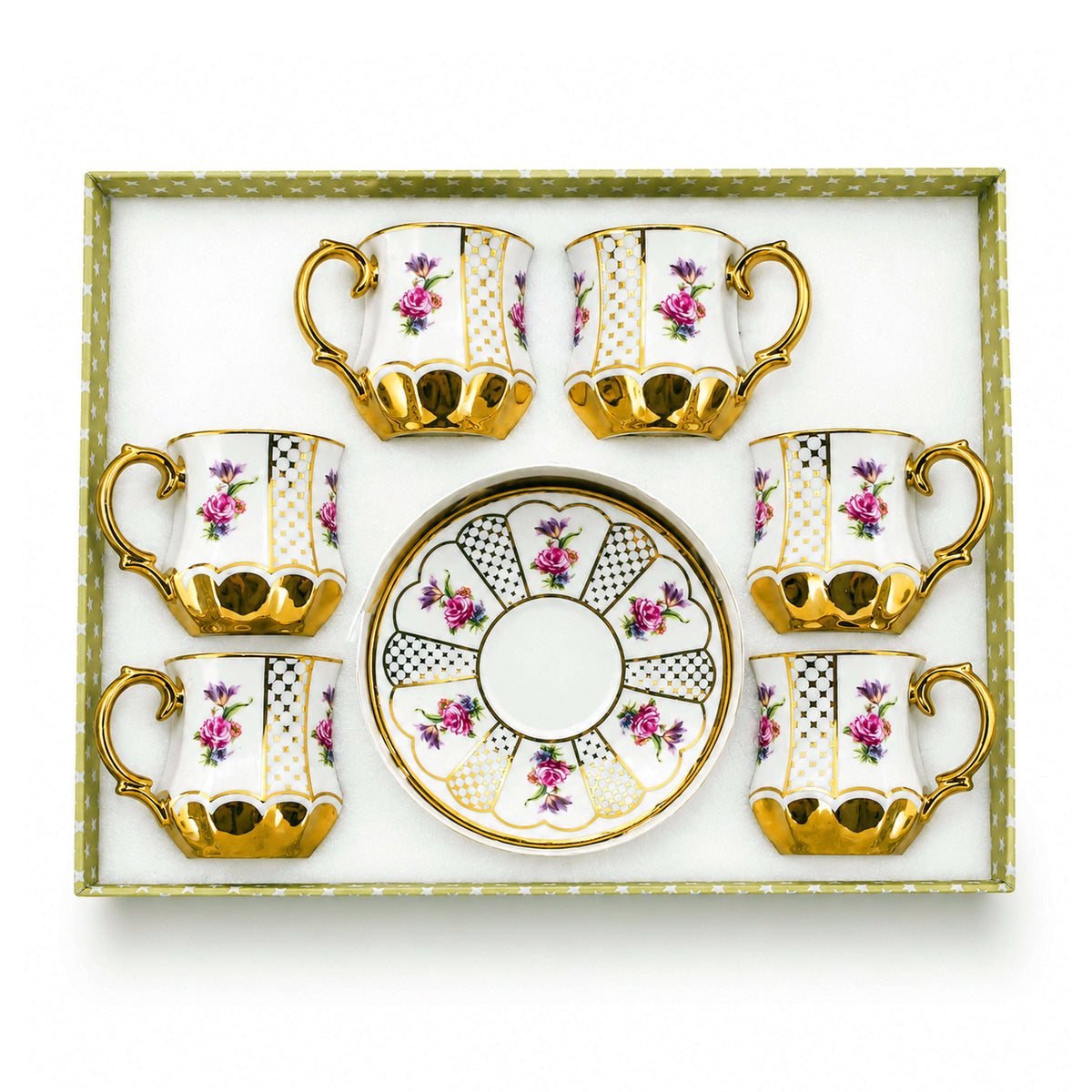 Royal 6-Piece "Pink Floral And Gold" Ceramic Cup And Saucer Set With Gift Box Kaka Bawa Sons