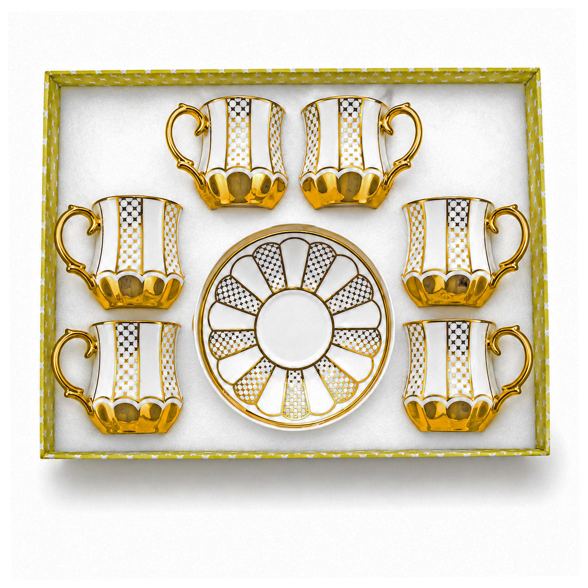 Royal 6-Piece Ceramic "White And Gold Luxury" Cup And Saucer Set With Gift Box Kaka Bawa Sons