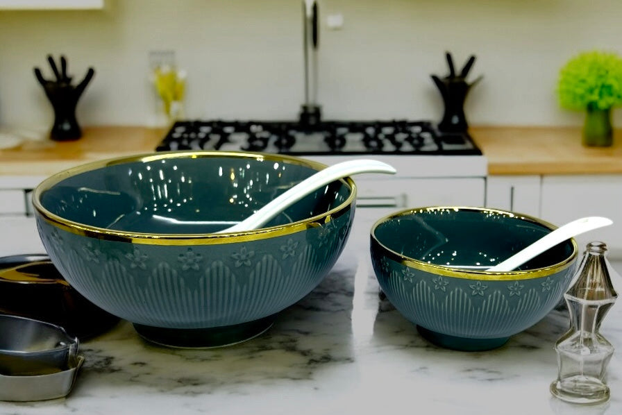 Onemore Soup Set Green With Golden Design (14/Pcs)