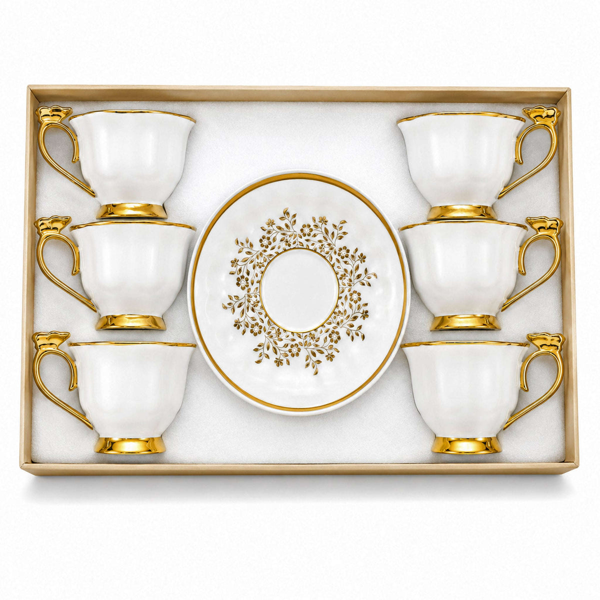 Royal 6-Piece Ceramic "Elegant Gold Bow" Cup And Saucer Set With Gift Box Kaka Bawa Sons