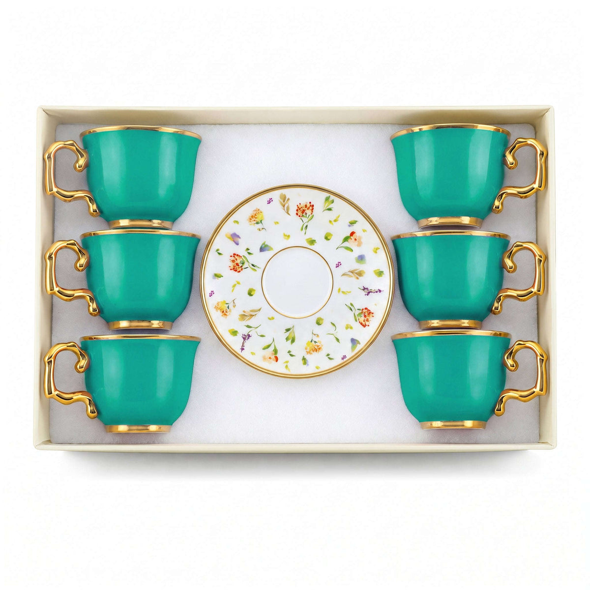 Royal 6-Piece Ceramic "Classic Emerald" Cup And Saucer Set With Gift Box Kaka Bawa Sons