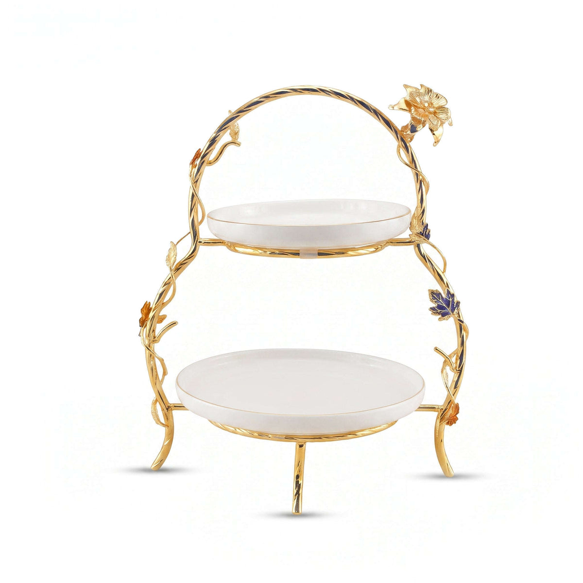 Fancy 2-Tier Oval Ceramic Pastry Stand With Metal Stand Kaka Bawa Sons