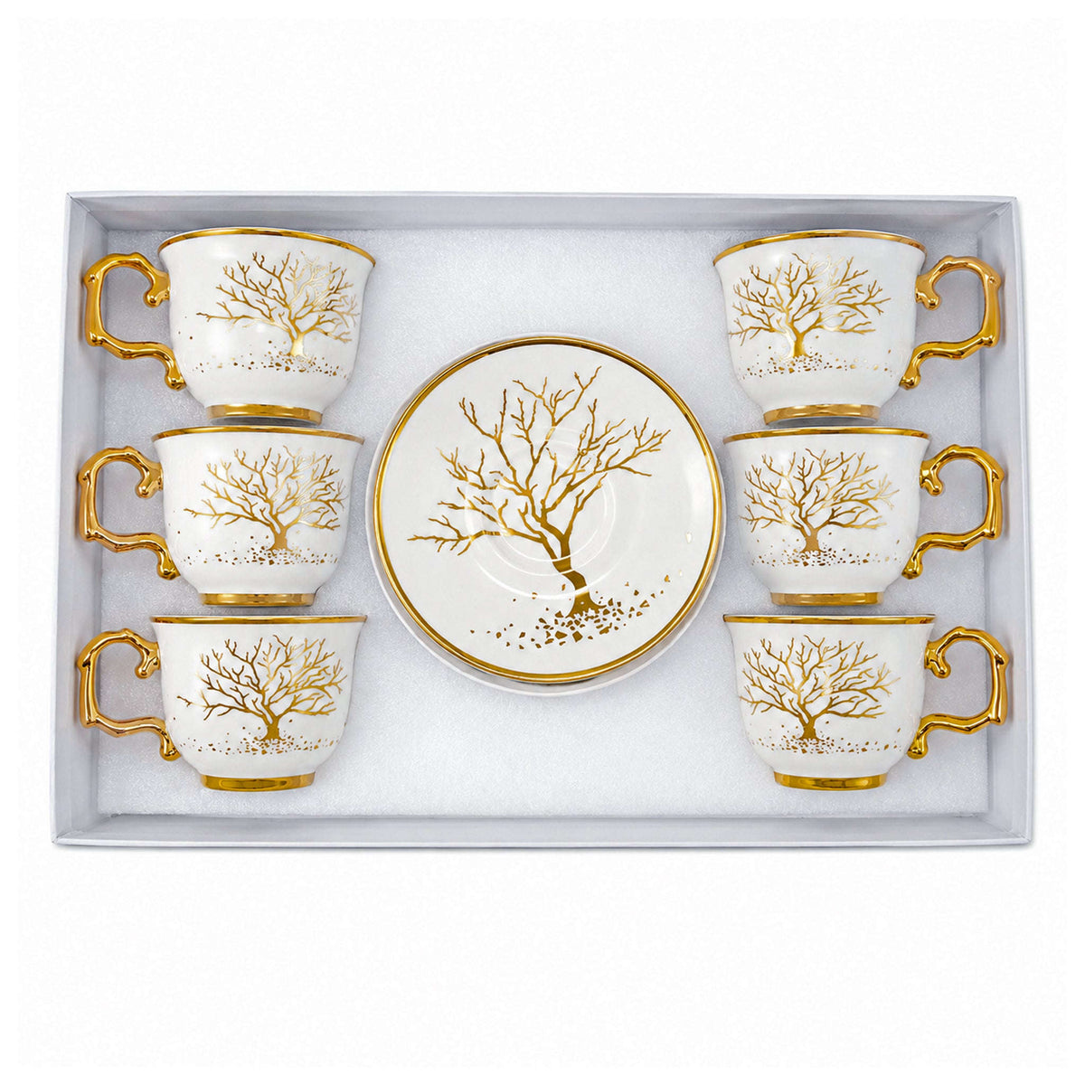 Royal 6-Piece Ceramic "Golden Tree" Cup And Saucer Set With Gift Box Kaka Bawa Sons