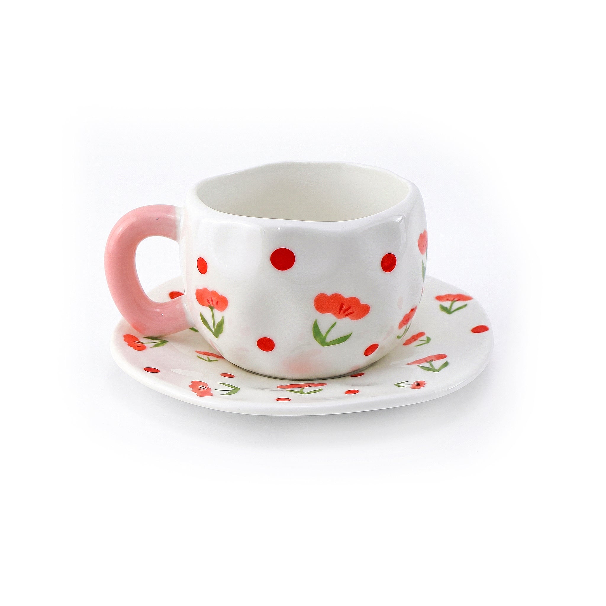 Floral Polka Dot 300 ML Ceramic Mug with Saucer