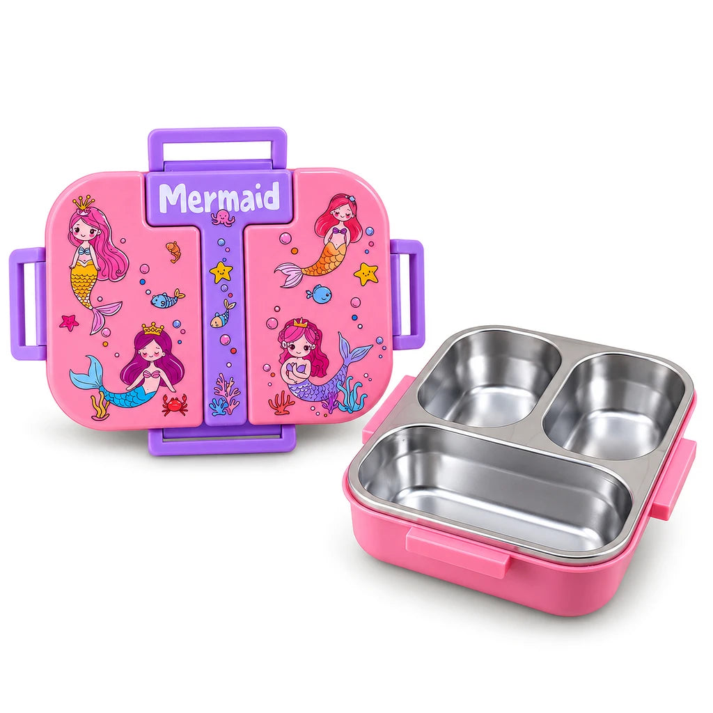 Laxson 3-Compartment 600 ML Stainless Steel Lunch Box | Pink Mermaid Design