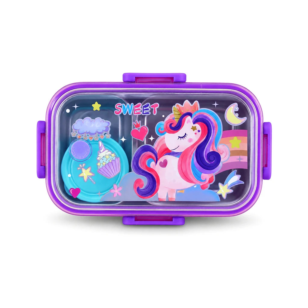 Laxson 700 ML 2-Compartment Stainless Steel Lunch Box with Sauce Pot | Sweet Unicorn Design